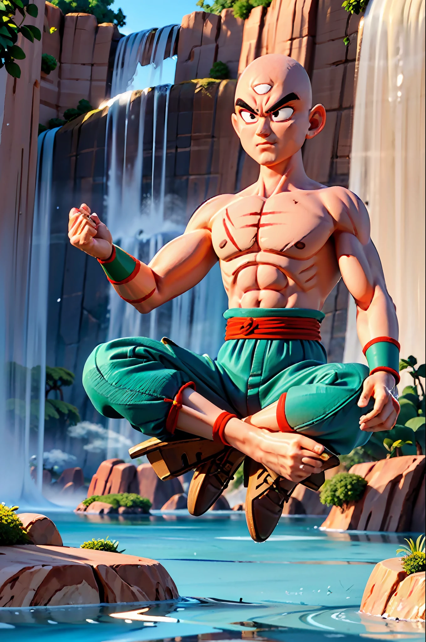 (8k, best quality, masterpiece:1.2), (finely detailed),solo, detailed illustration,intricate, a ((bald:1.3)) tien with black eyes with a narrow on head, ((aanga from anime head)), wearing green pants green wristband black shoes and red sash,flying,hovering, indian style, topless, ((meditating under the water  at waterfall))