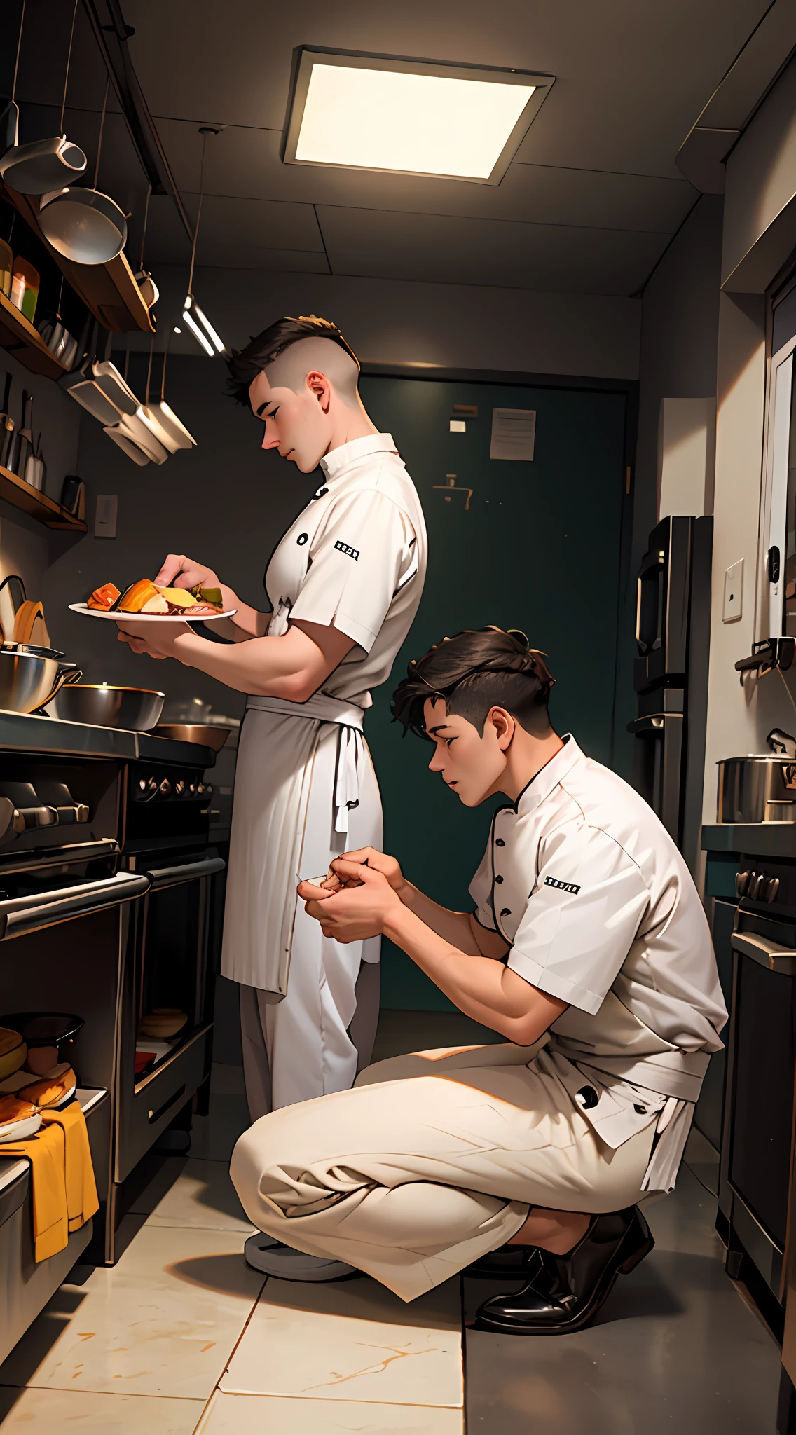 In the distance, The 7 star hotel heard the noise from the kitchen,A middle-aged male chef kneeling on the ground,had his hands folded, He begged the young male chef to take him as an apprentice。Best quality,Masterpiece level,super detailing,Highly delicate。