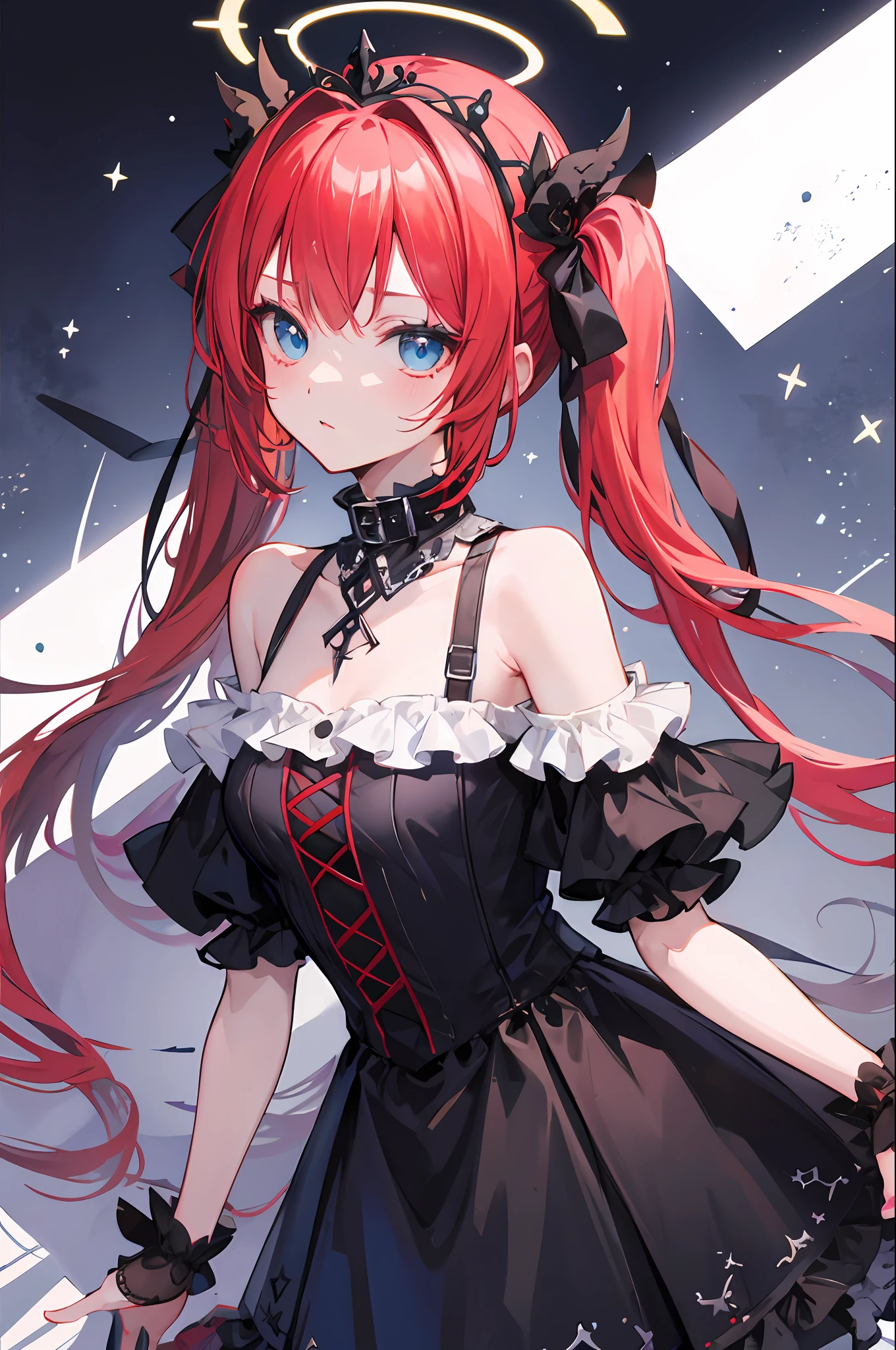 {best quality}}, {{masterpiece}}, {{ultra-detailed}}, {illustration}, {detailed light}, Red hair, Blue eyes, twintails, Goth Lolita, Darkgoth, Collar,Crown tiara,pride,solo,loli,Long hair,halo,Vines,