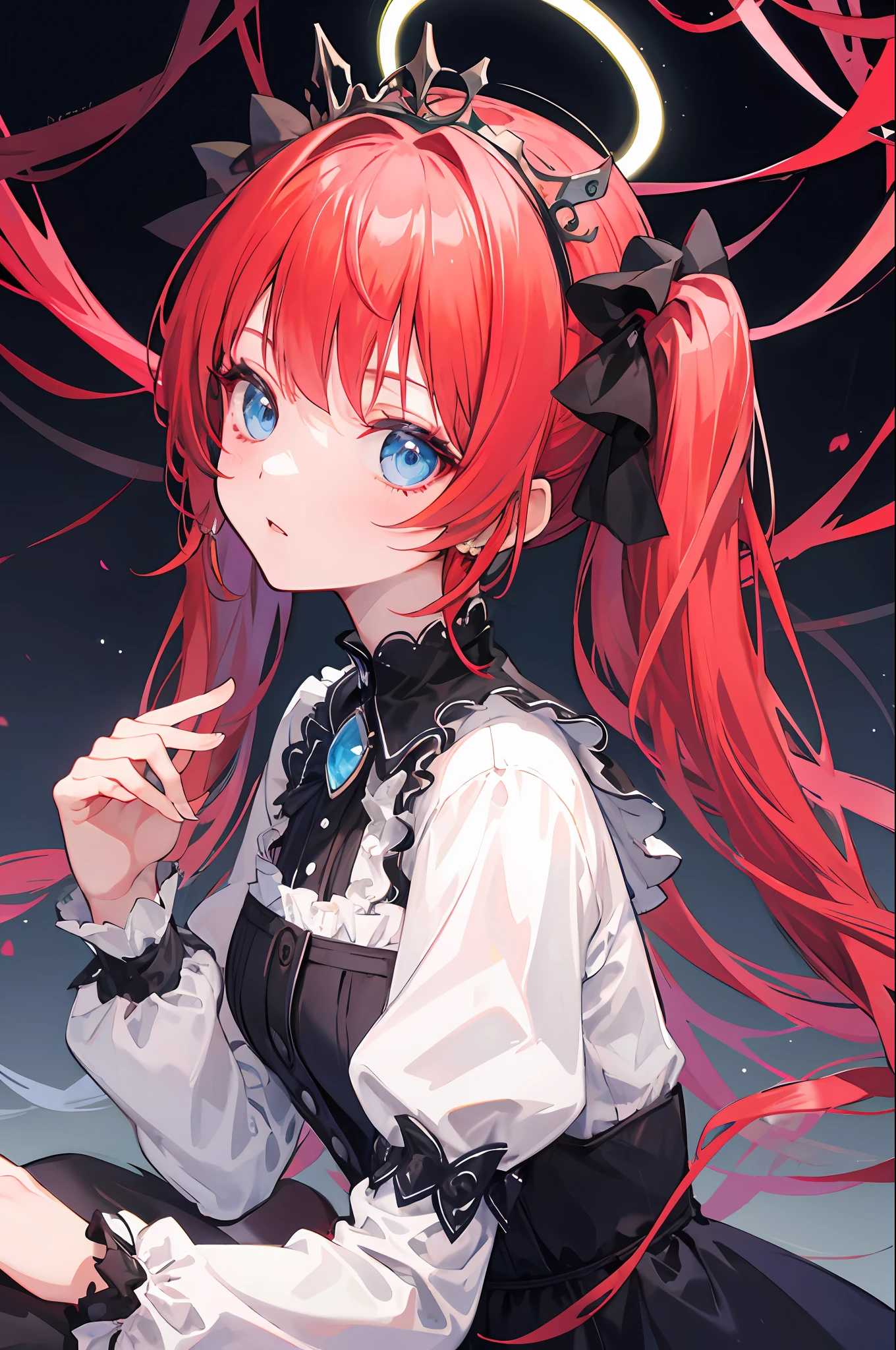 {best quality}}, {{masterpiece}}, {{ultra-detailed}}, {illustration}, {detailed light}, Red hair, Blue eyes, twintails, Goth Lolita, Darkgoth, Collar,Crown tiara,pride,solo,loli,Long hair,halo,Vines,