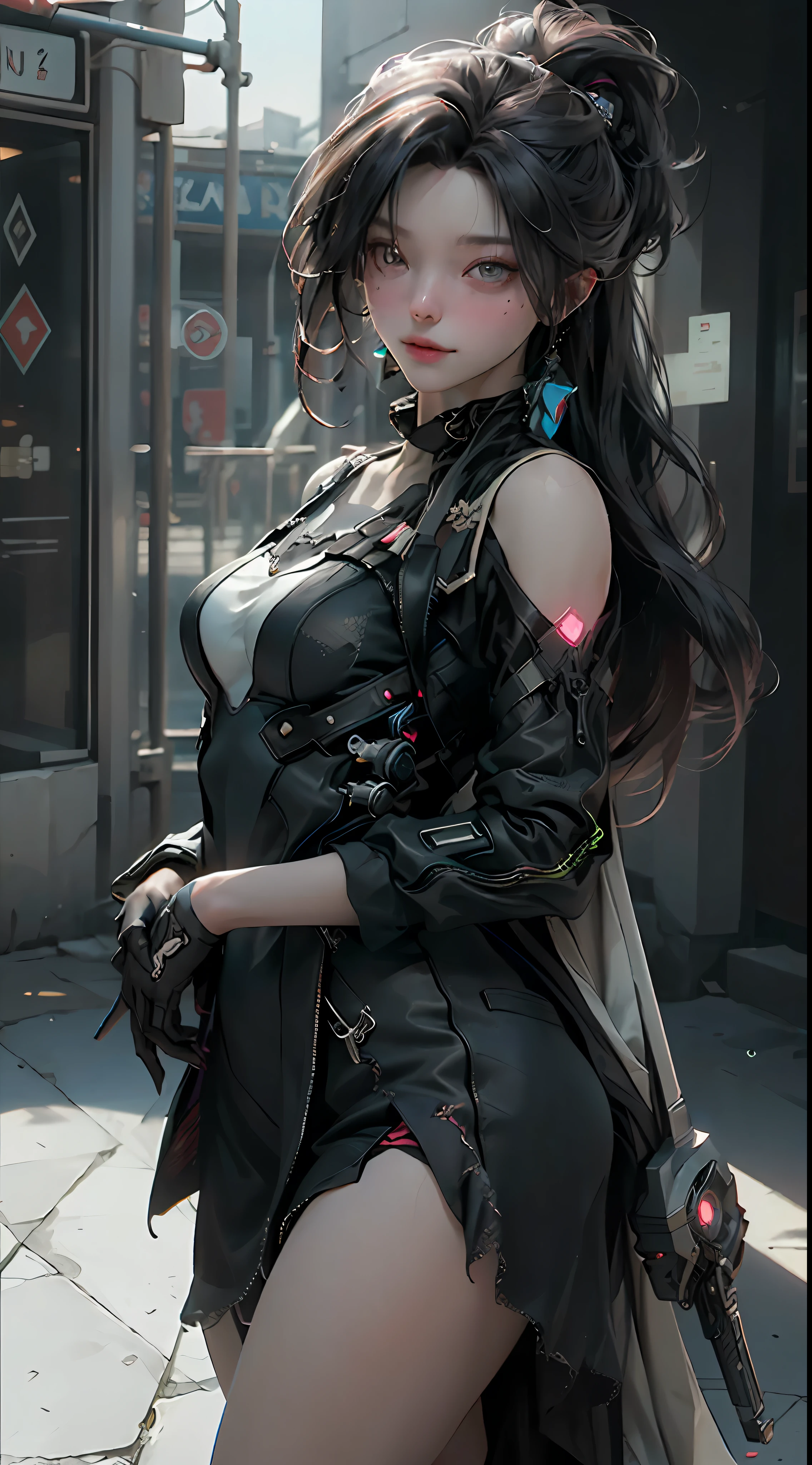 ((Best Quality)), (Masterpiece)), (Details:1.4), 3D, Beautiful Cyberpunk Woman Image,HDR (High Dynamic Range),Ray Tracing,NVIDIA RTX,Super Resolution,Unreal 5,Subsurface Scattering,PBR Texturing,Post-Processing,Anisotropic Filtering,Depth of Field,Maximum Clarity and Sharpness, Multilayer Textures, Albedo and Specular Maps, Surface Shading, Accurate Simulation of Light-Material Interactions, Perfect Proportions, Octane Rendering, Two-Tone Lighting, Wide Aperture, Low ISO, White Balance, Rule of Thirds, 8K RAW, Precise iris depiction, looking at the viewer with a calm and goddess-like happiness, Super beautiful background drawn by WLOP