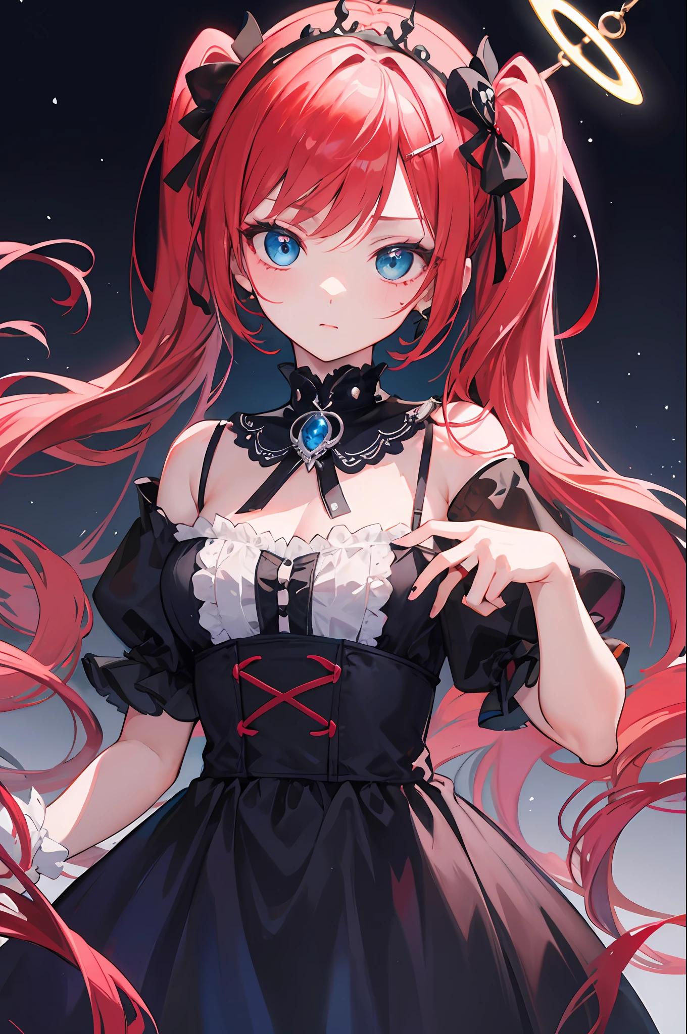 {best quality}}, {{masterpiece}}, {{ultra-detailed}}, {illustration}, {detailed light}, Red hair, Blue eyes, twintails, Goth Lolita, Darkgoth, Collar,Crown tiara,pride,solo,loli,Long hair,halo,Vines,