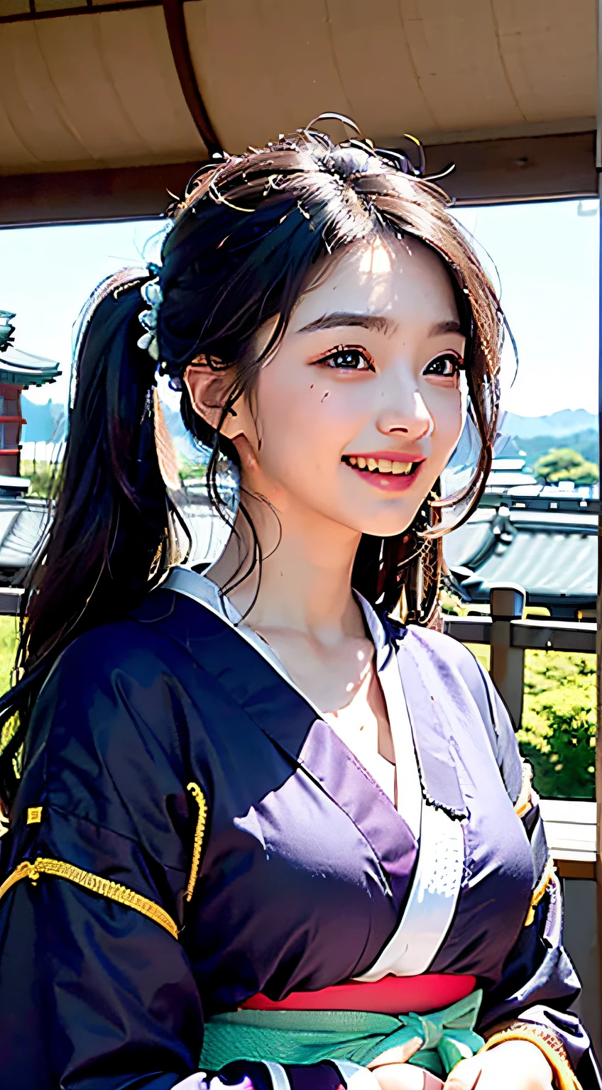 best qualtiy、masterpiece、photoRealstic、intricate-detail、Raw foto、Photon Rendering、Octane Rendering、absurderes、ultra-detailliert、A detailed face、Detailed skin、Trending in art stations、8K Masterpiece、lighting like a movie、( (1girl in))、((独奏) ))、CG Social Trends、Plastic En、((Black Long Hair))、((Beautuful Women))、(A smile)、Upper teeth、Fashionable、Hair that flutters in the wind、((Flowing hair))、fashion magazine、((A sexy))、((lighting like a movie)、((indirect lighting)、、(ssex)、Grinning、(View from a distance)、((Festival of Japan))、Dark purple kimono、Hair is up、