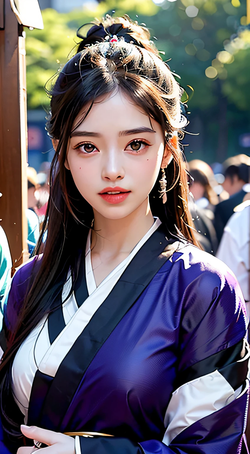 best qualtiy、​masterpiece、photoRealstic、intricate-detail、Raw foto、Photon Rendering、Octane Rendering、absurderes、ultra-detailliert、A detailed face、Detailed skin、Trending in art stations、8K Masterpiece、lighting like a movie、( (1girl in))、((独奏) ))、CG Social Trends、Plastic En、((Black Long Hair))、((Beautuful Women))、(A smile)、Upper teeth、Fashionable、Hair that flutters in the wind、((Flowing hair))、fashion magazine、((A sexy))、((lighting like a movie)、((indirect lighting)、、(ssex)、Grinning、(View from a distance)、((Festival of Japan))、Dark purple kimono、Hair is up、