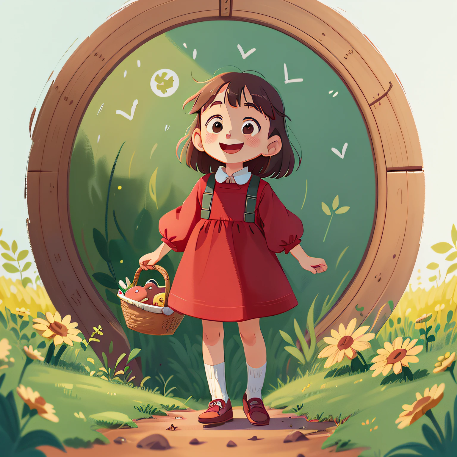 1 Happy child girl. Bucolic style. Women's children's clothing. Cor vermelha |. Arte simples. Ghibli Style Studio. Estilo personagem moranguinho. Com 3 morangos em cesta.