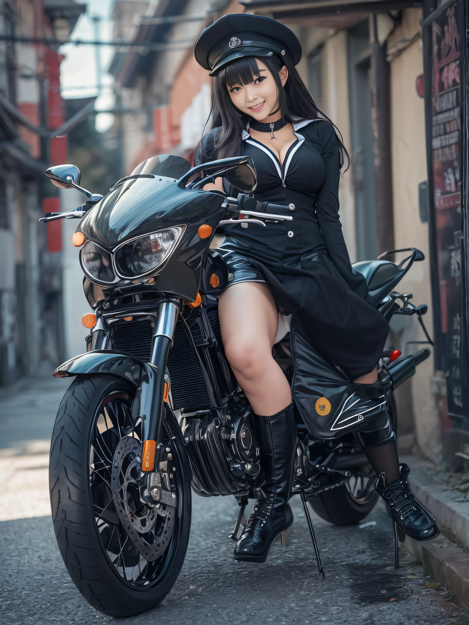 top-quality、超A high resolution、1人、Swimsuit like a sailor suit、a miniskirt,(huge-bre1.2)、Black boots, Riding a motorcycle, Long Black Hair,poneyTail, Photo, Residential area,Live action,japanes,独奏,Beautiful expression,Wearing black tights,beautiful smiling face,perfect body type,Black Choker,Live action,No logo,No letters,Wearing black stockings,cleavage reast,The wind so flip up my skirt,Shinines