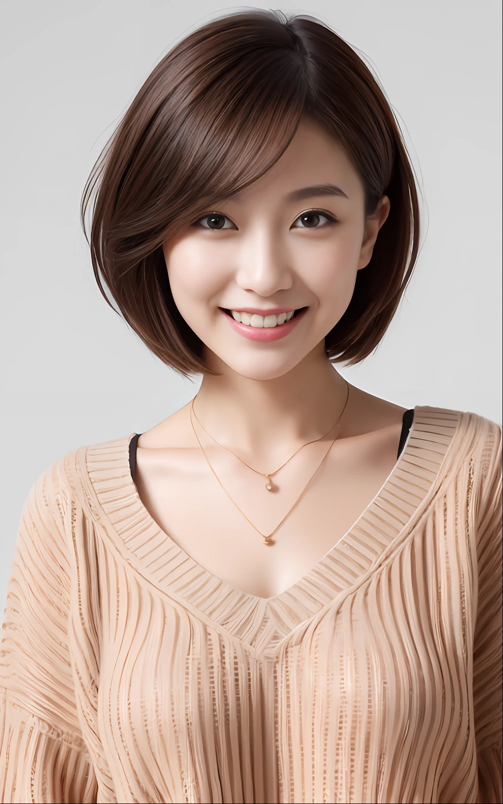 (Best quality, 8k, 32k, Masterpiece, UHD:1.2),Photo of Pretty Japanese woman, large breasts, very short bob hair,upper body,(oversized_sweater,:1.1) necklace, simple background, looking at around, smile