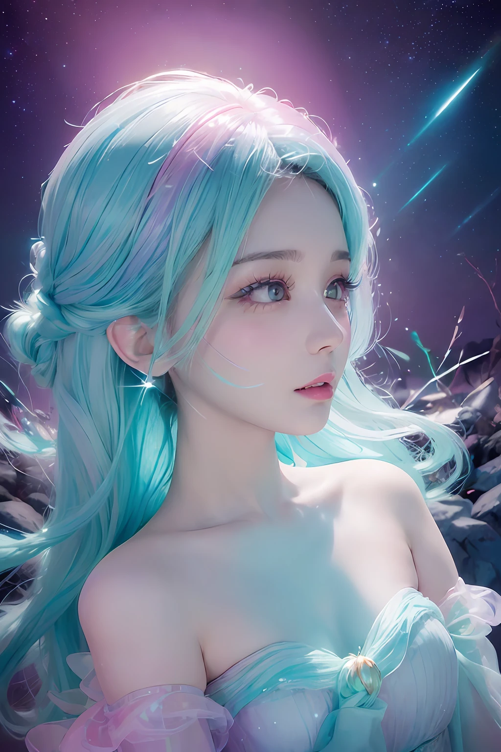 (fluorescent colors:1.4),(translucent:1.4),(retro filters:1.4), (fantasy:1.4), candy world Disney land ethereal soft fluffy soft landscape forest snowavatar Pastel pink sky green blue sparkle ethereal light pastel whimsical light rainbow stars diamonds sparkle gemstone background hyper realistic Ultra quality cinematic lighting immense detail Full hd painting Well lit,