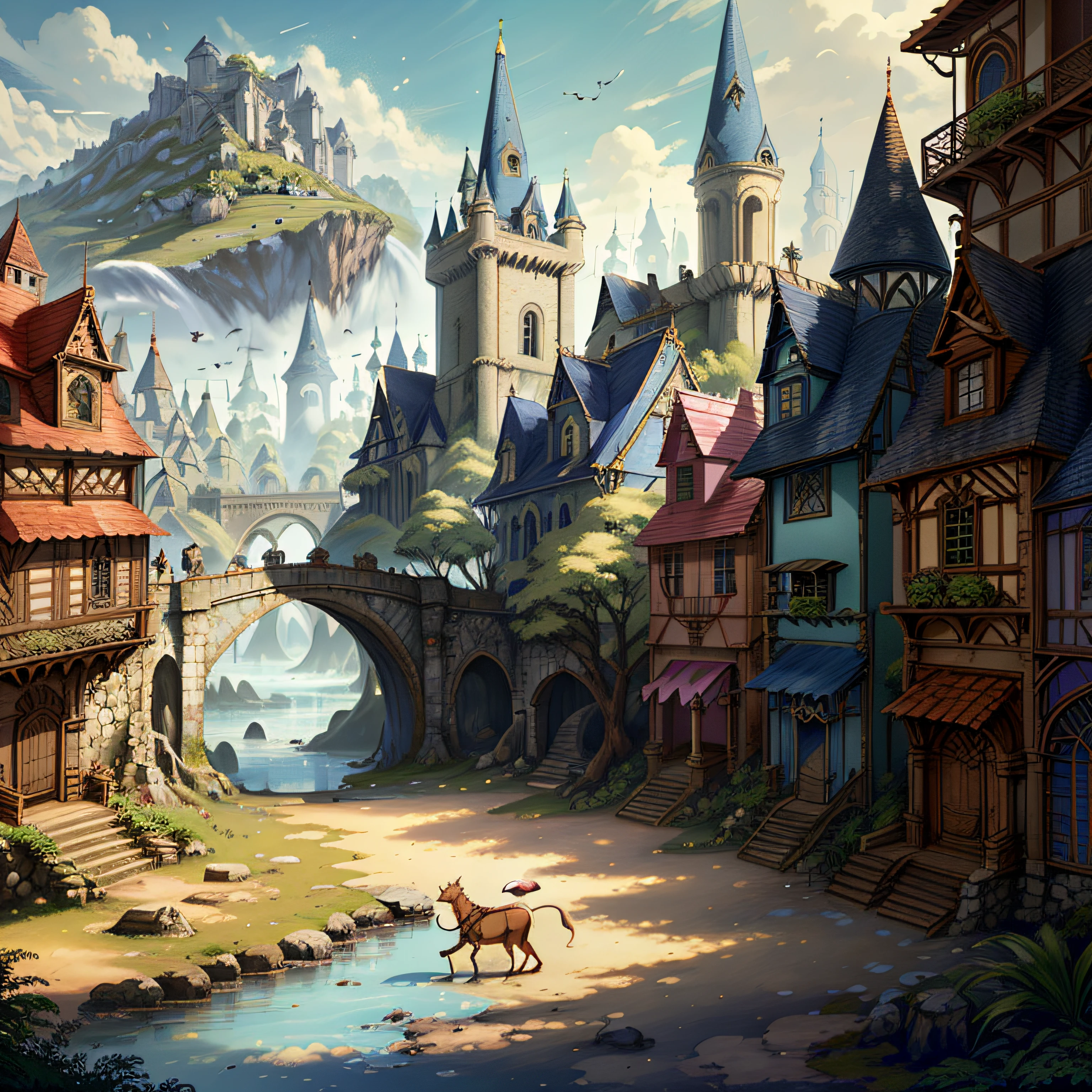 crie uma cidade de fantasia com animais magicos e camponeses