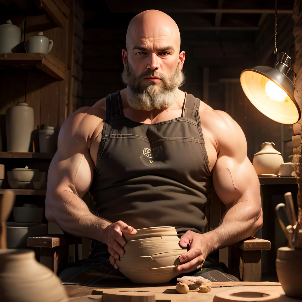 Create an image of a bald, bearded 36-year-old man with an athletic body, sitting on a potter's wheel making a piece of clay in a dark, quiet place with an overhead light