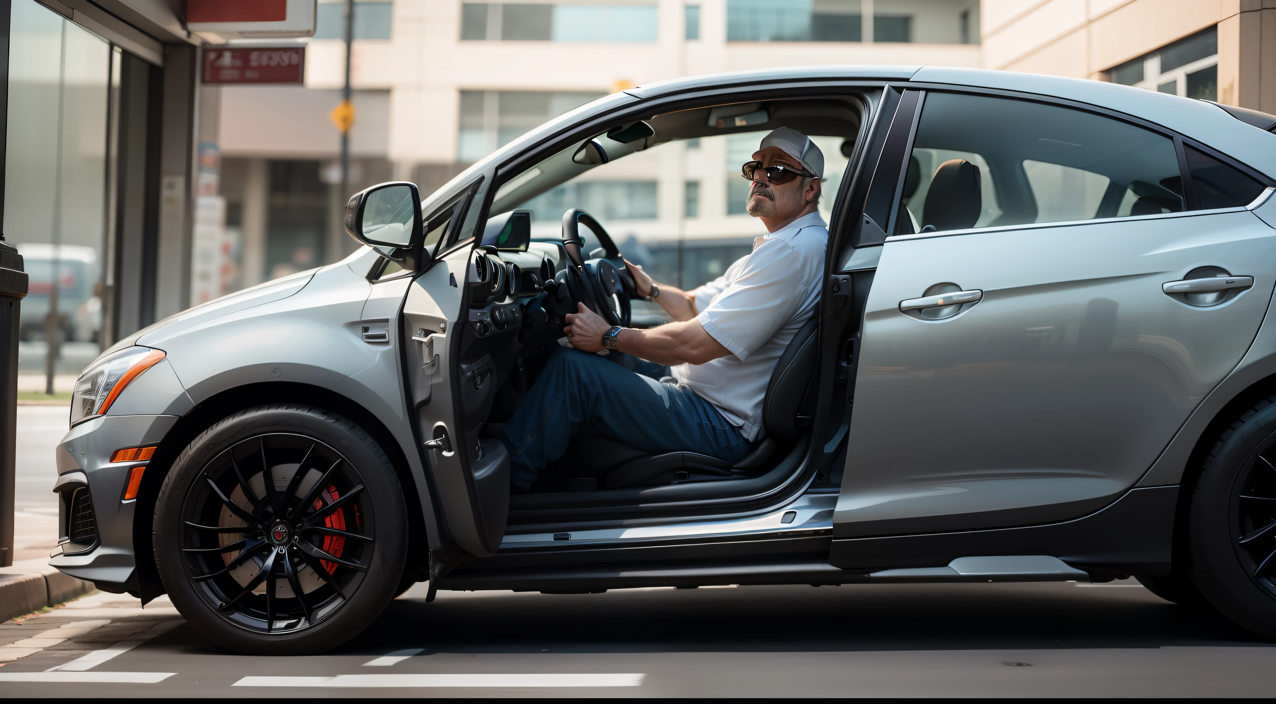 A 50-year-old ugly man, working as a driver, working as a driver in a luxury car, full view, full body
