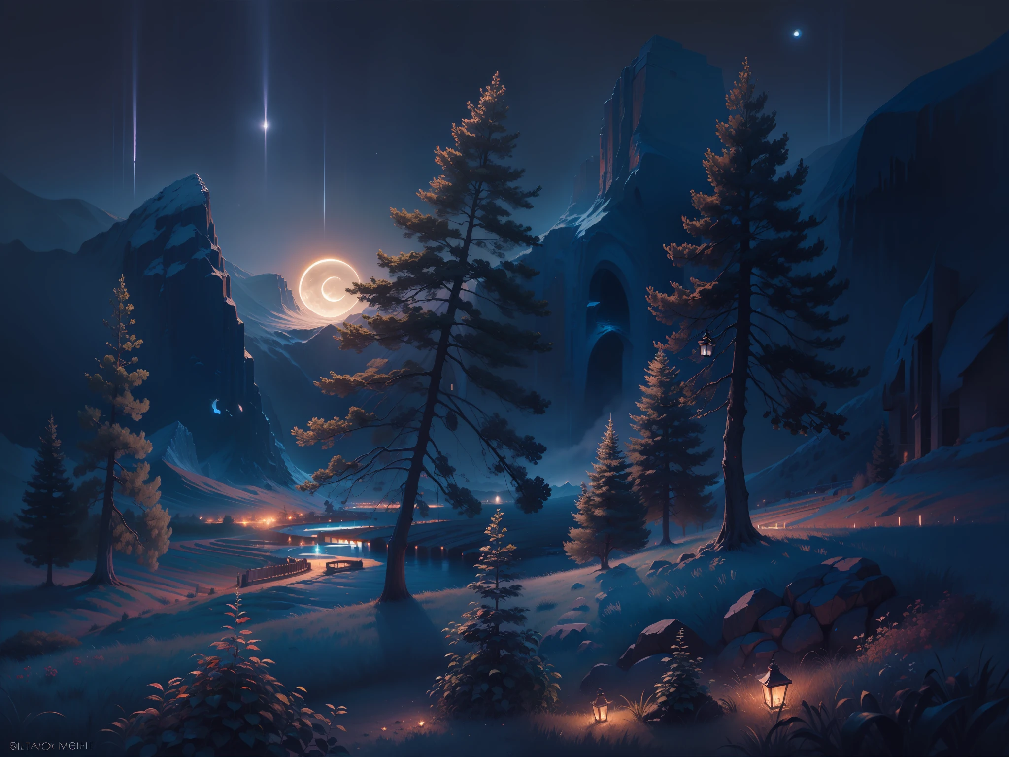 the night,Scenic beauty,oil painted,rays of moonlight