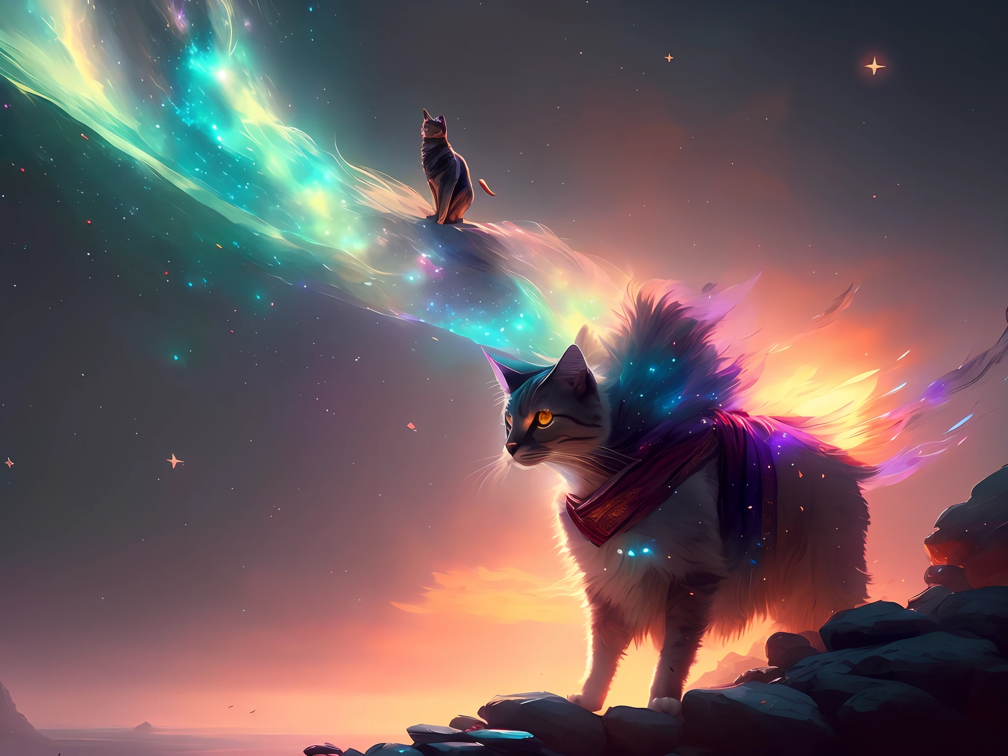 A cat soaring among the stars, solo,Buddhist robes, Dreamy, concept-art, Misty, elegant, Highly detailed, Greg Rutkowski's style, dim colors, soothing tones