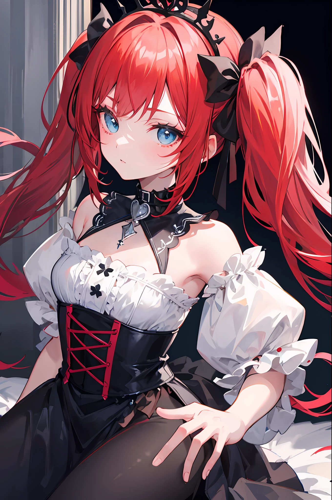 {best quality}}, {{masterpiece}}, {{ultra-detailed}}, {illustration}, {detailed light}, Red hair, Blue eyes, twintails, Goth Lolita, Darkgoth, Collar,Crown tiara,pride,solo,loli,Long hair,
