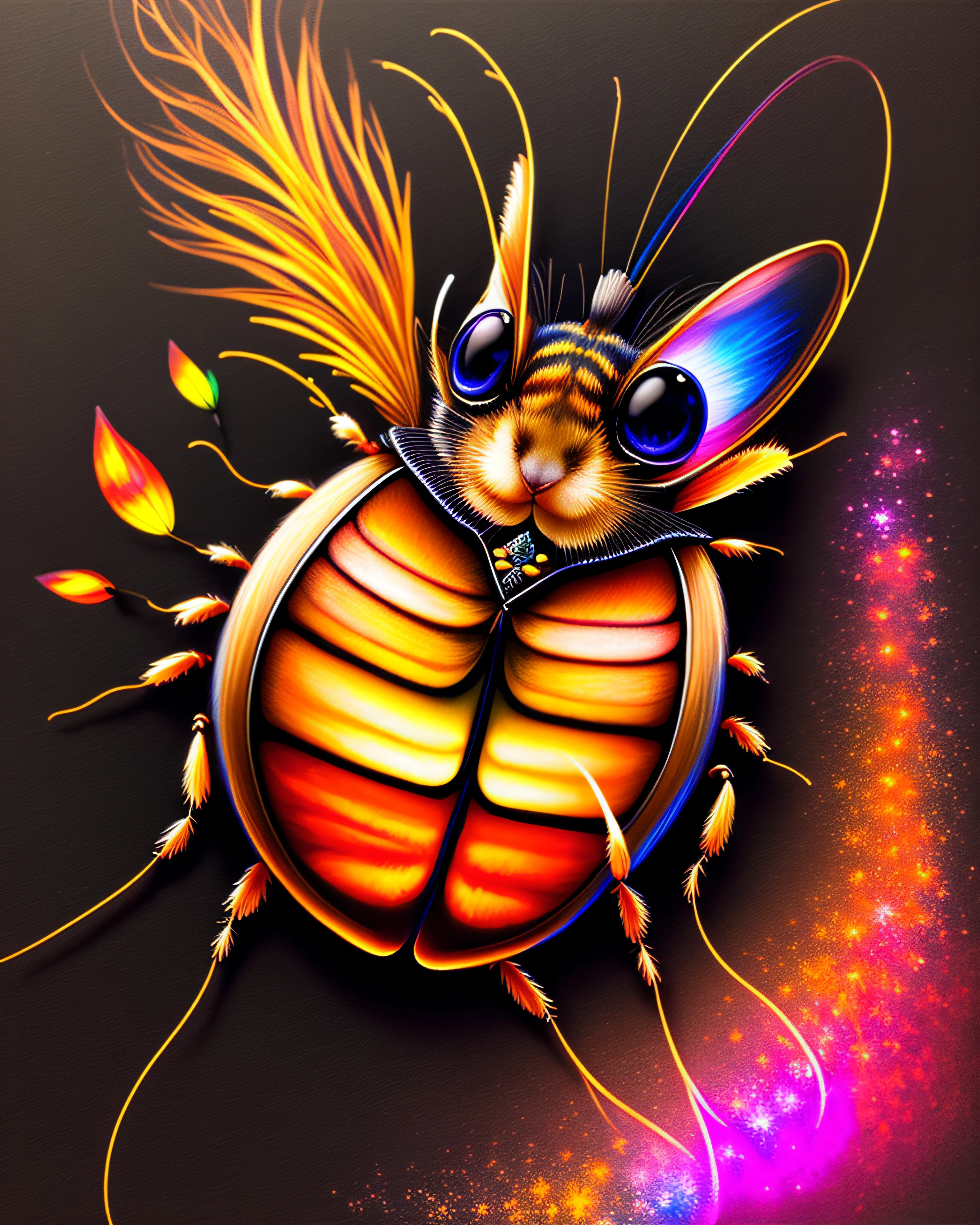 a painting of a colored cockroach on a black background,, breathtaking rendering, within a radiant connection, inspired by Kinuko Y. Craft,, magical elements, kitten icon, wow, is beautiful, casting a multi colorful spell, bright flash, flash