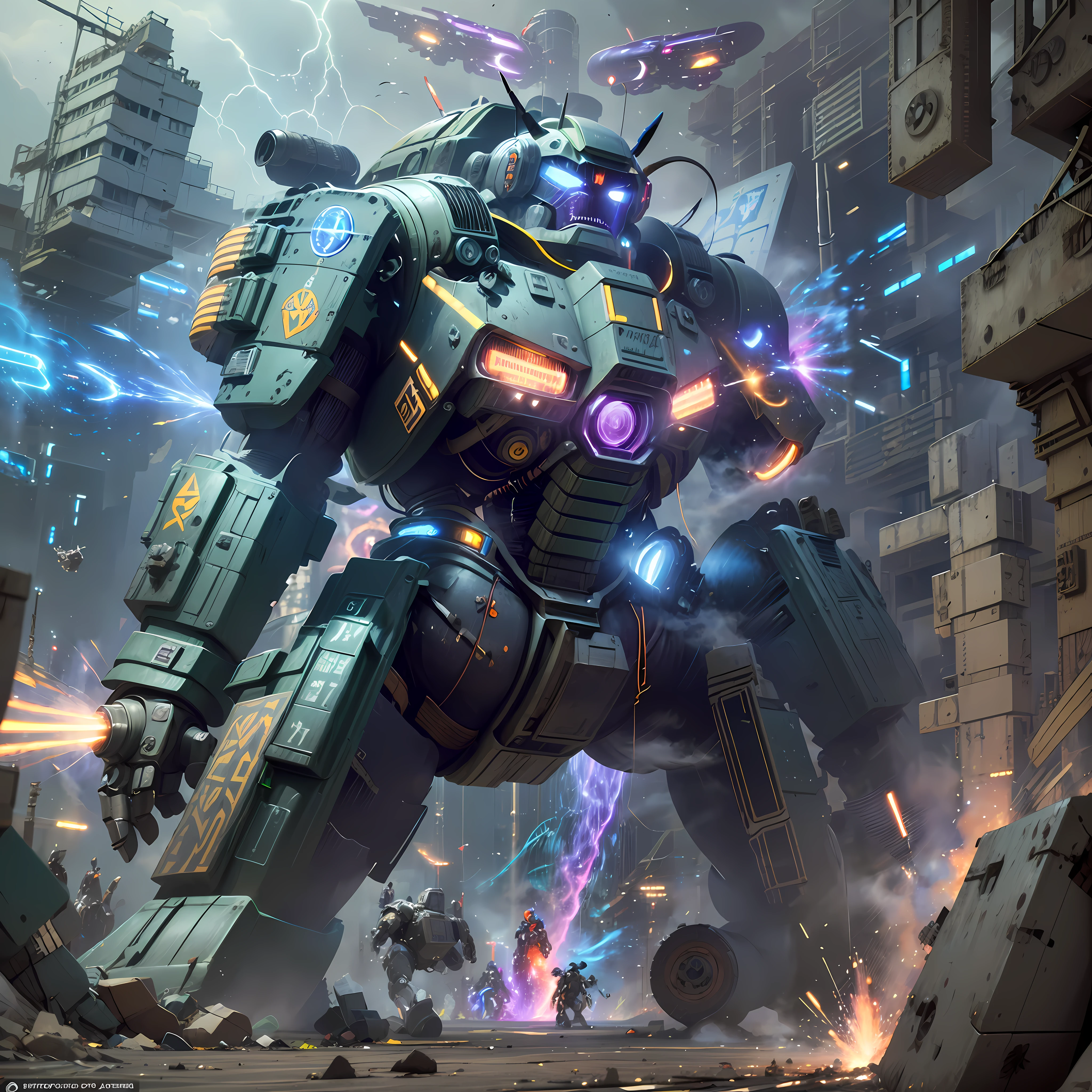An epic scene of a futuristic battlefield dominated by a powerful sci-fi mecha robot, campo de batalha futurista, science fiction mecha robot, tamanho imponente, formidable power, forza, Metallic armor, Explosions, feixes de energia, advanced weapons, precision, letalidade, plasma cannons, missile launchers, Pulsating energy blade, Agilidade, propulsores, wreckage, cockpit de vidro, piloto habilidoso, Advanced Cockpit, holographic screens, Control Panels, Strategic decisions, Raios de energia, determination, victory, Combat scenario, impactful presence, Medo, hoop, qualidade: highes definition, estilo: cinemactic, futurista, cor: metalic, Azul intenso, artista: Alexander Kucharsky, humor: epic, Intenso, vl1: (Campo de batalha futurista, science fiction mecca robot, tamanho imponente, Formidable power, Metallic armor) vl2: ((Plasma cannons, Missile launchers, Pulsating energy blade), (Agilidade, Propulsores, wreckage), (Cockpit de vidro, Piloto habilidoso, holographic screens), (Raios de energia, Olhos azuis intensos, determination), (Medo, hoop))