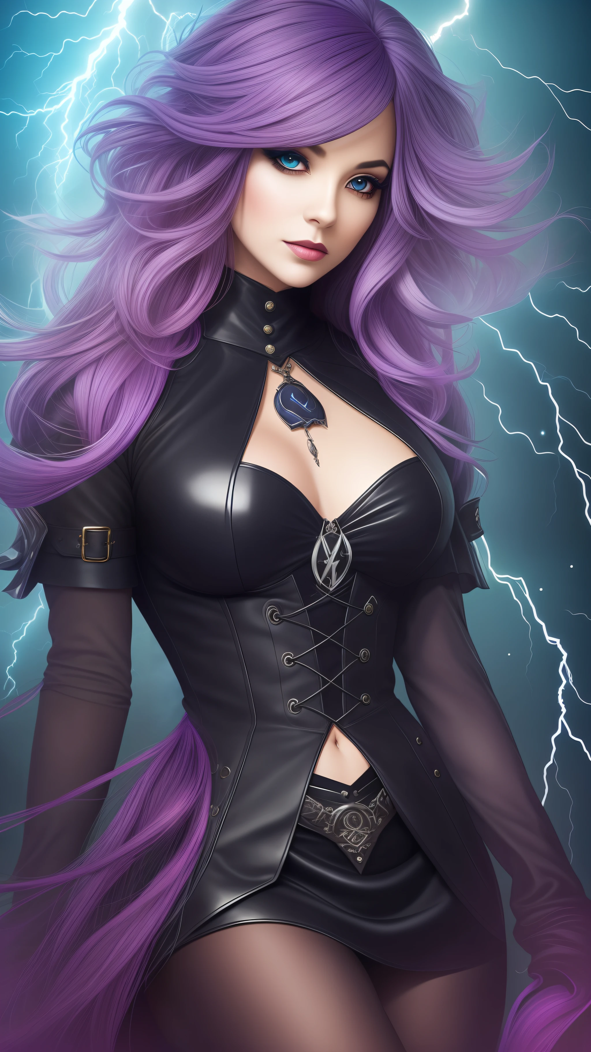 Trina is a dark, imposing beauty with mesmerizing eyes of deep ruby red. Her hair is a mix of dark blue and purple, highlighted by streaks of white that resemble lightning in a storm.
Her attire is a stunning combination of the elements of the three witches. With a dark purple bodice, icy patterns in light blue and electric lightning, her skirt is composed of irregular layers that blend together like a swirl of shadows. Black leather boots and gloves adorned with mystical symbols in red complete the sinister Trina fusion look.