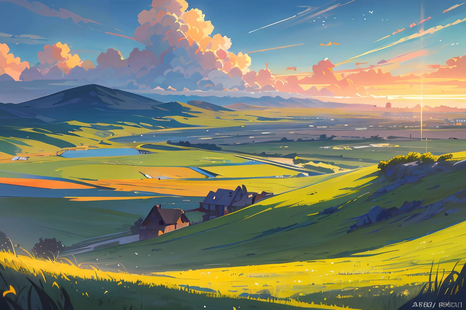 The vast sky, beautiful skyline, large grasslands, extremely tense and dramatic pictures, moving visual effects, the high-hanging Polaris, and colorful natural light. A settlement in the distance stands on a river. (Highest Quality, Amazing Details:1.25), Brilliant Colorful Paintings
