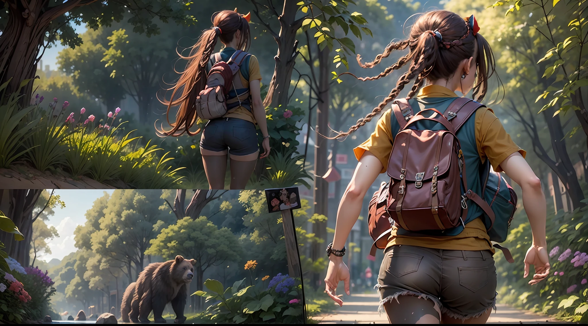 1girl, Soaked vest, Broken shorts, Hiking bags, [purpleish color|red colour]double-ponytail, embarrass, dreads, girl is running, A chest that conforms to the laws of physics, The brown bear roared, Tall shrubs, Shaded leaves, cinematic lighting, reflection light, dutch angle, UHD, masterpiece, anatomically correct, textured skin, super detail, high details, high quality, best quality, highres, 8k, 16k