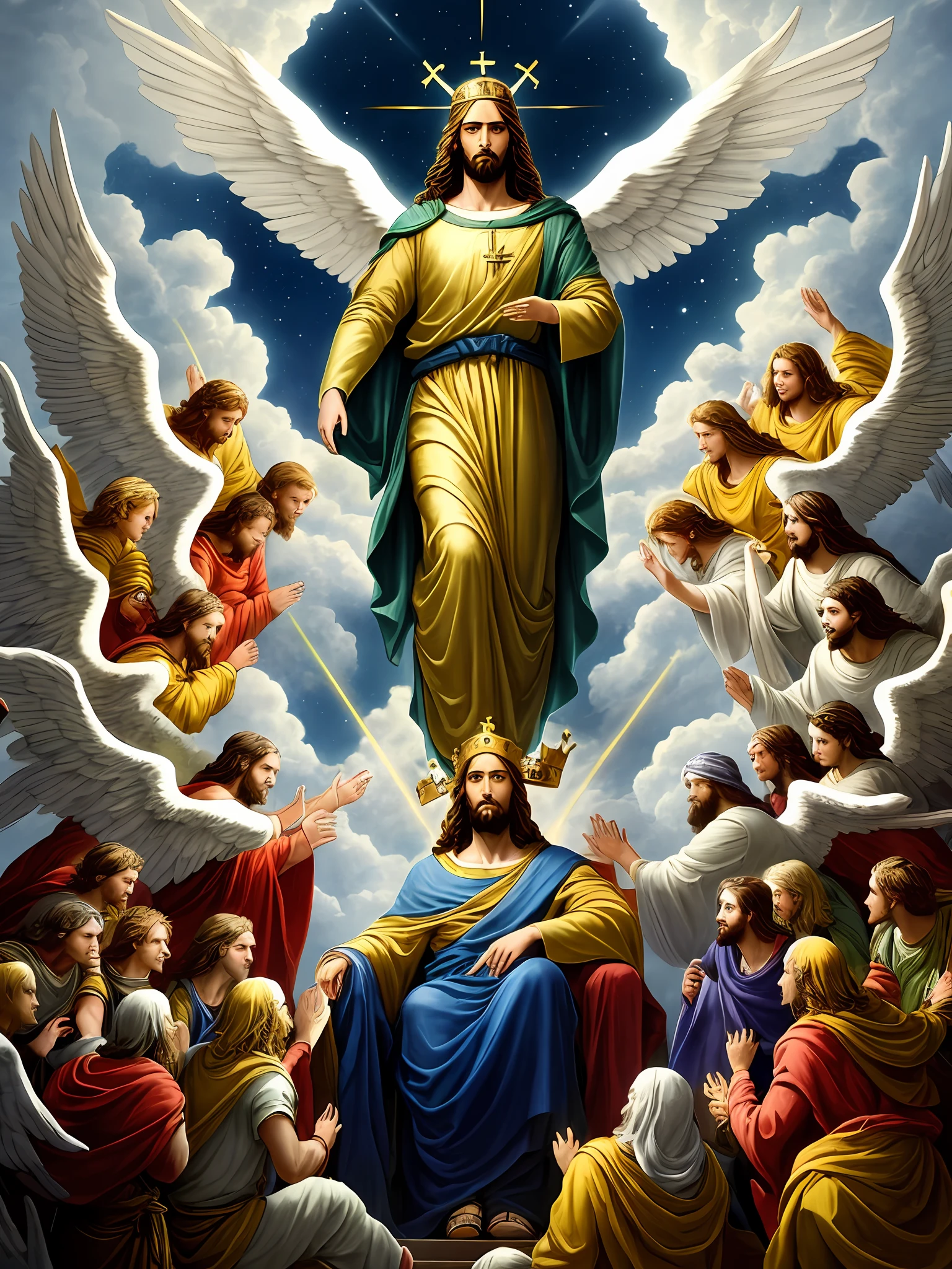 "Amidst the voluminous clouds, Jesus, the majestic king, sits gracefully adorned with a golden crown. In a wide shot, He is accompanied by His army of angels as He prepares to return triumphantly to Earth, surrounded by the ethereal radiance of volumetric light."