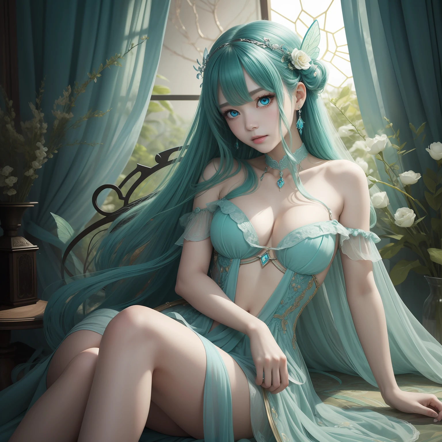 (masterpiece)8K分辨率、top-quality、Green Fairy、Turquoise hair、Ash blue eyes、Hazel eyes、Delicate body、fantasy-inspired