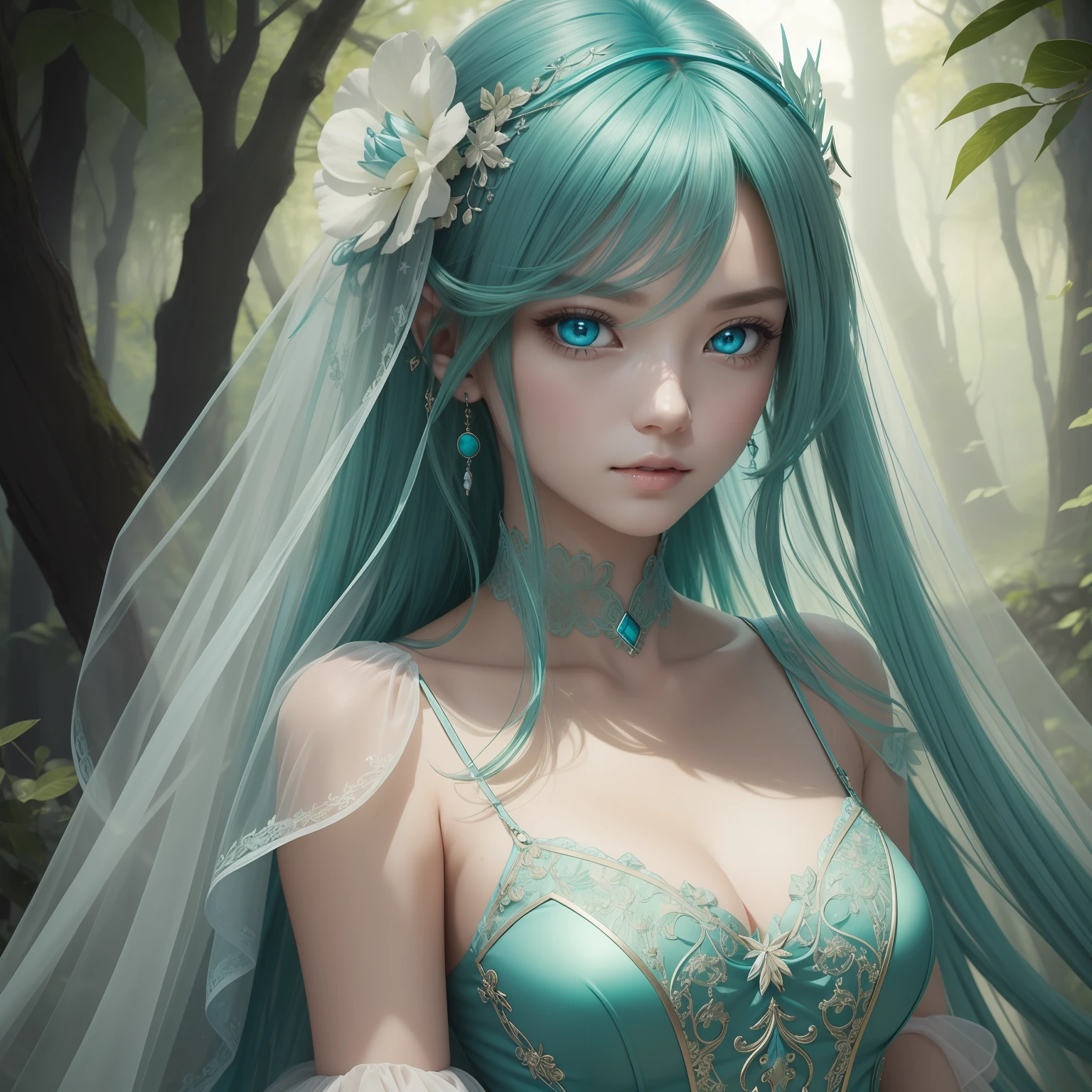 （​masterpiece）8K分辨率、top-quality、Green Fairy、Turquoise hair、Ash blue eyes、Hazel eyes、Delicate body、fantasy-inspired