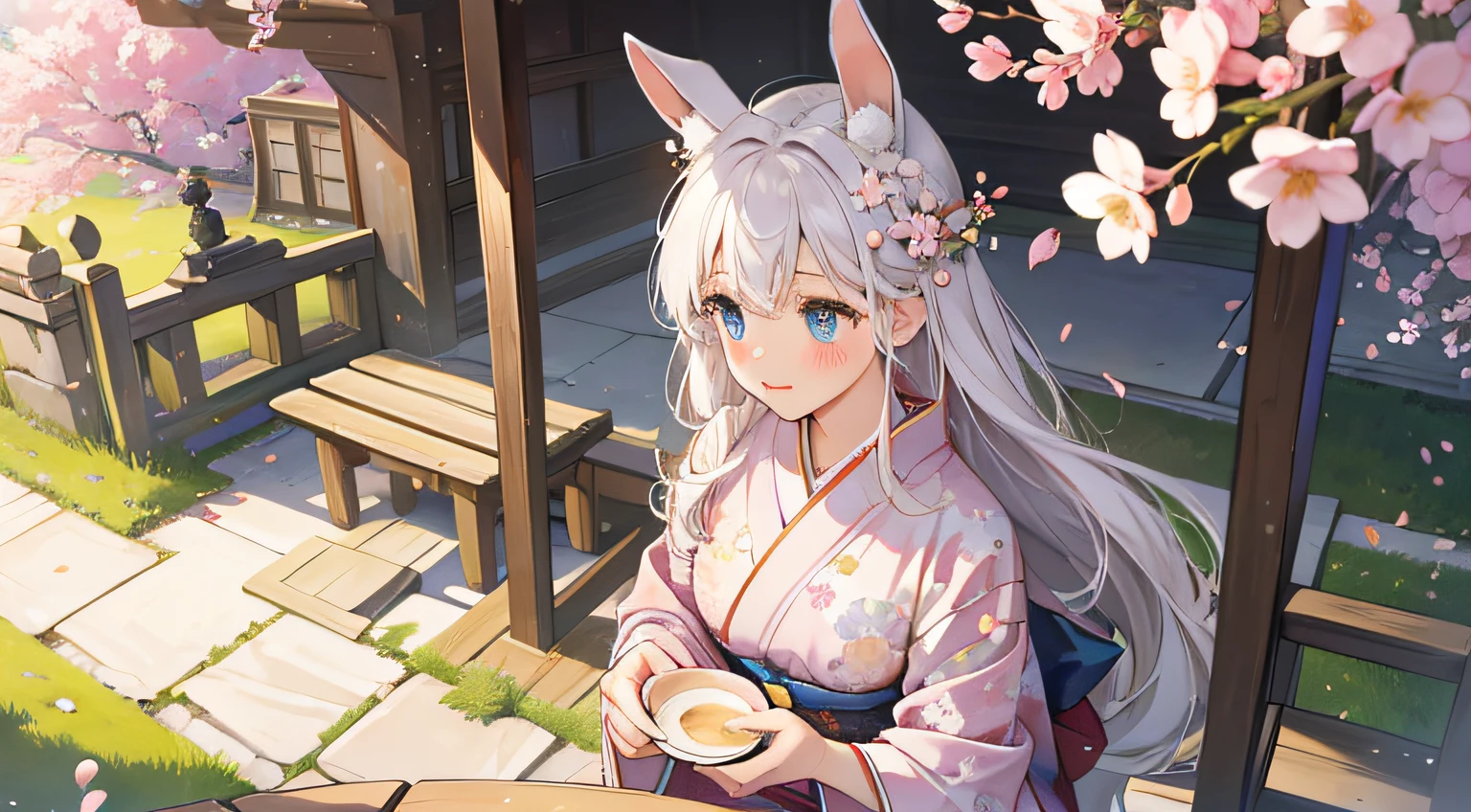 (Overhead view)、Rabbit Girl、Benches、sunlights、lawn、cozily、calm、Floral、aesthetic、pastels、slice of life、relax、morning、serene、Warm atmosphere,、steams, placid, dream, aromatic, Latte art,(perfect eyes、Equal eyes)、red blush、gentle、delicate、white hair、kimono、finely eye and detailed face、Cherry blossom motif pattern --auto