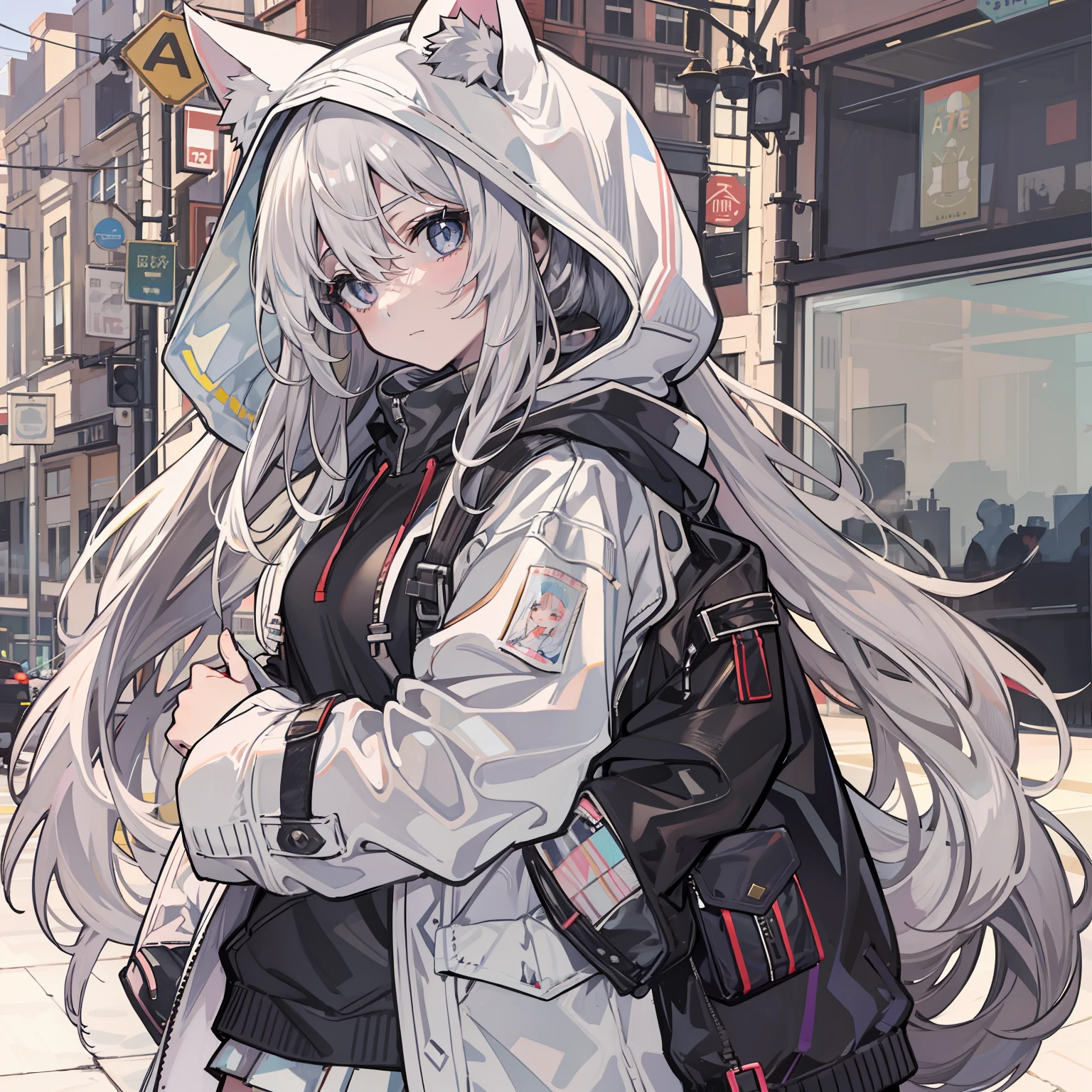 1girll, In the breast,stitched face, patchwork skin, Closed mouth, Long_Hair, face expressionless,City,street, White hair, ,stitched_face,Patchwork_skin,Cowboy shot,( Hoodie),(Hand in pocket),Open white coat,inside, She wears short black sleeves,There is a love pattern on it,cat ear,In the daytime,Tall figure