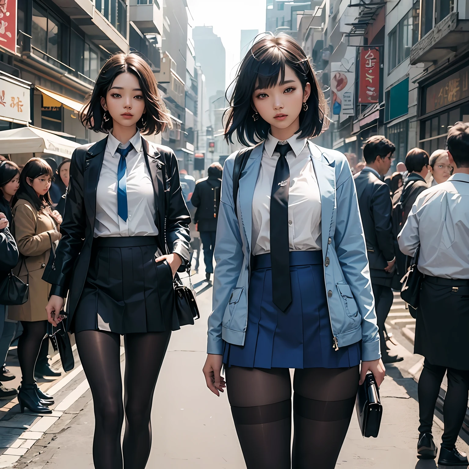 masterpiece、beautiful detail、Colorful and delicate details、Delicate lips、intricate detailes、large full breasts、1人の女性、(a beautiful 20-year-old cute Korean woman:1.1)、(KPOP Idol、Korean mixed)、(50mm Sigma f / 1.4 Zeiss Lenses、F1.4、1 / 800 sec、ISO 100、fotograpy:1.1)、(Photorealsitic:1.4)、(SPY:1.2)、(blue clothing、Open jacket、The shirt、skirt by the、neck tie、black pantyhose、:1.3)、(beauty legs、High Girl、skiny、slim_legs、thigh_gap、modeled:1.2)、Lens flare seen from the front、(cool expression)、(makeups:1.2)、full bodyesbian 、Black pumps、is standing、short-cut、shorth hair --auto
