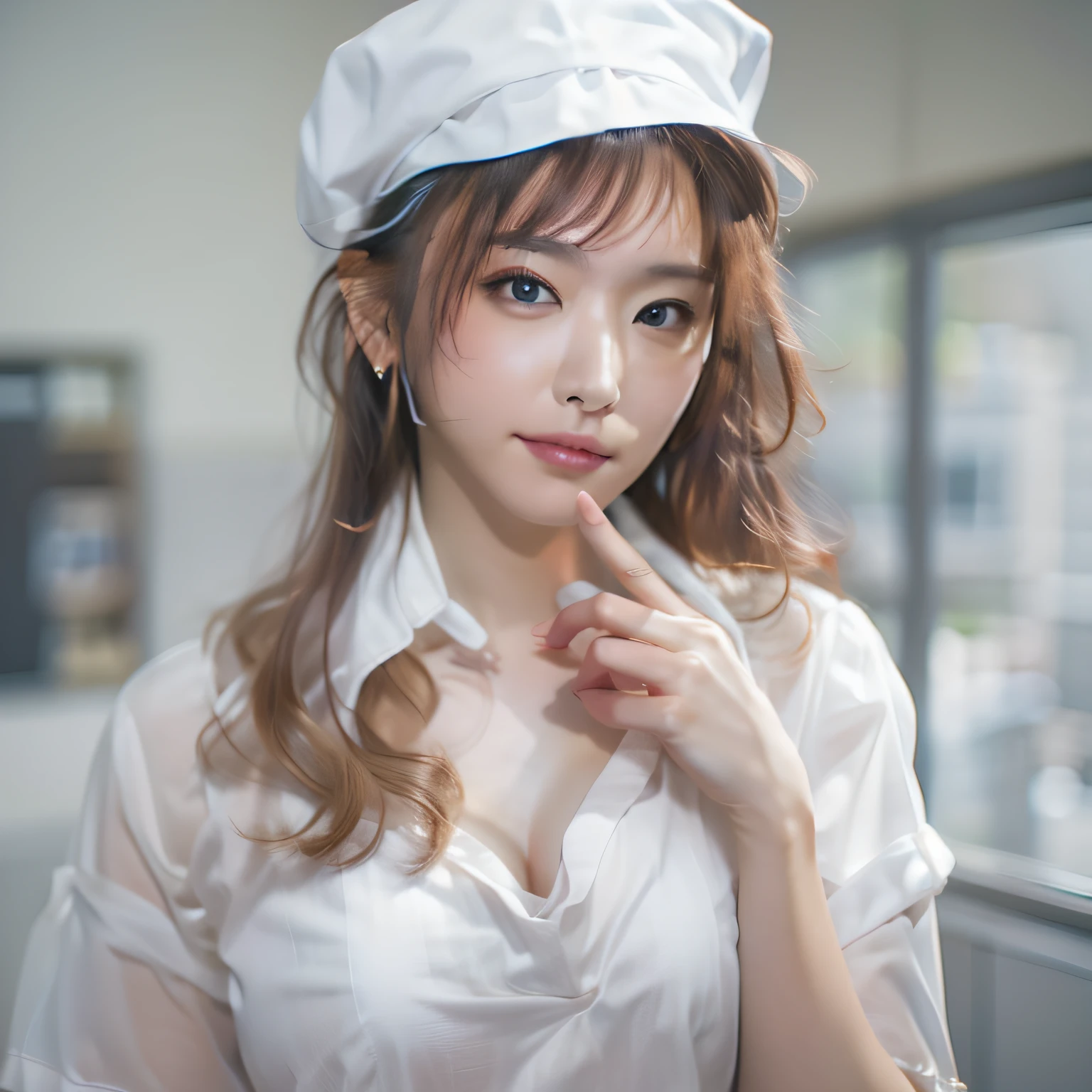 (8K、Raw photography、top-quality、​masterpiece:1.2)、(realisitic、Photorealsitic:1.37)、top-quality、超A high resolution、light  leaks、Dynamic lighting、Slim and smooth skin、huge-breasted、White nurse uniform、Little White Nurse (caps) 、White shirt、open-shirt、hospitals、Hospital Room、cleavage of the breast、cparted lips、s lips、 depth of fields