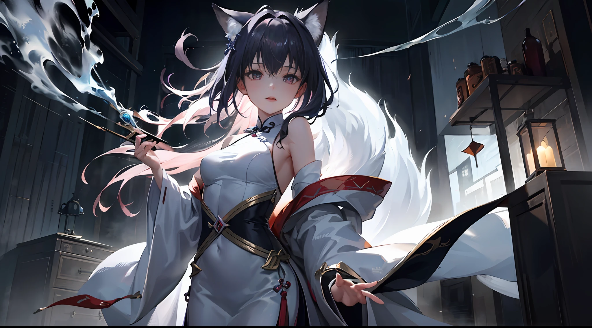 Beautiful and ethereal vixen dressed in flowing white Chinese robes。The image captures fox spirits in the dark sea of the netherworld，It is surrounded by purple gas and faint clouds。Use Midjourney's advanced brush tools to create complex folds and textures on vixen's robes and hair，And experiment with different color palettes and brushstrokes to bring out the ethereal quality of the scene。The image of the fox spirit is sometimes obscured by the purple qi around it，It also adds to the beauty of the vixen，Make the scene full of mystery and fascination。Leverage Midjourney's powerful tools，You can bring this captivating and ethereal scene to life with incredible detail and beauty。 hdr，（真实感，Masterpiece quality，best qualtiy），，PureErosFace_V1，Urzang-6500-V1 version.1 --auto