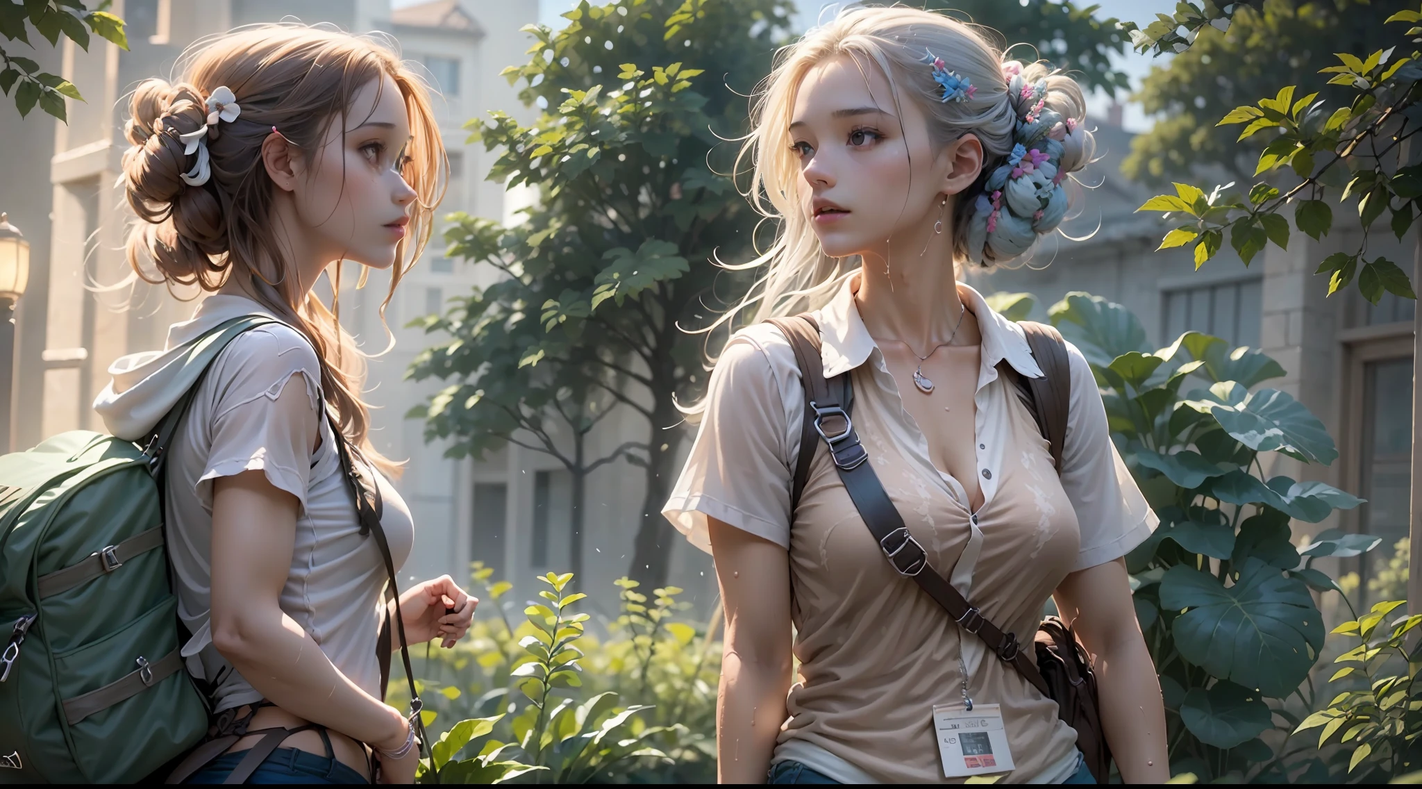 1 girl, White skin of the, Wet shoulder white vest, Broken shorts, Hiking bags, embarrass, dreads, girl is running, A chest that conforms to the laws of physics, (The brown bear roared), Tall shrubs, Shaded leaves, light blue hair, single sidelock, cinematic lighting, reflection light, dutch angle, UHD, masterpiece, anatomically correct, textured skin, super detail, high details, high quality, best quality, highres, 8k, 16k