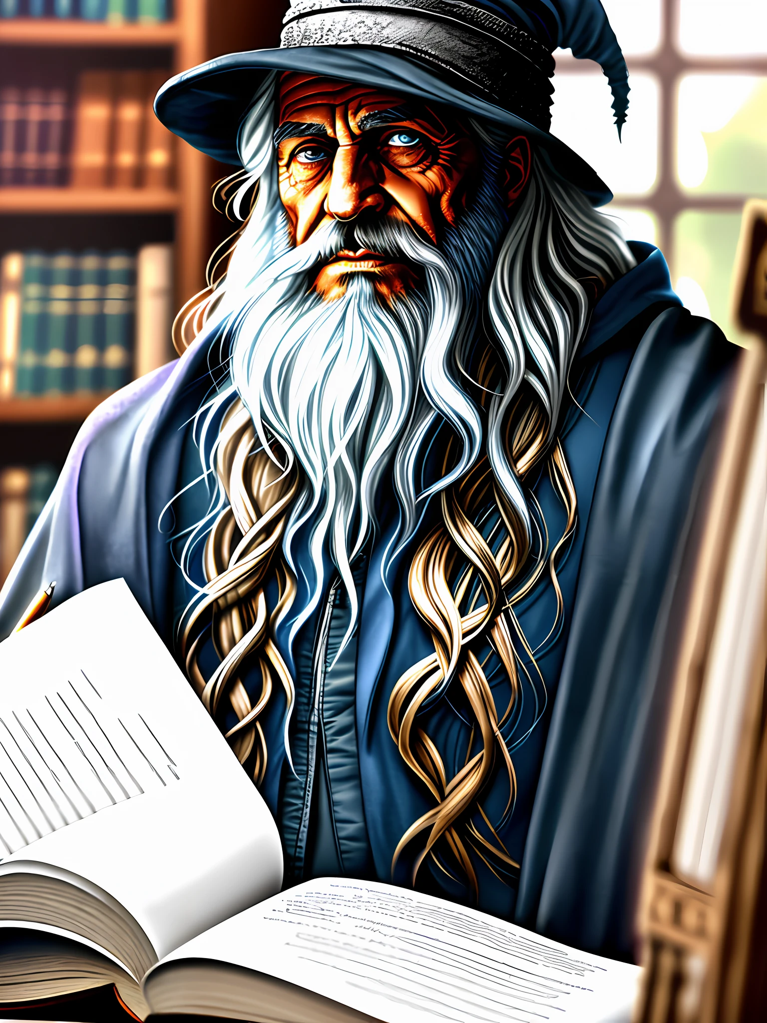 award winning waist up photo of a rugged fantasy wizard, 8K, wizard hat, wearing torn wizard robes, old and wrinkled, long white hair and beard, blue eyes, library, books in foreground, large window in background, fantasy, wonder, amazing, magical tools on table in background, bright wizard office or study, shiny skin, backlighting, bloom, light sparkles, sharp focus