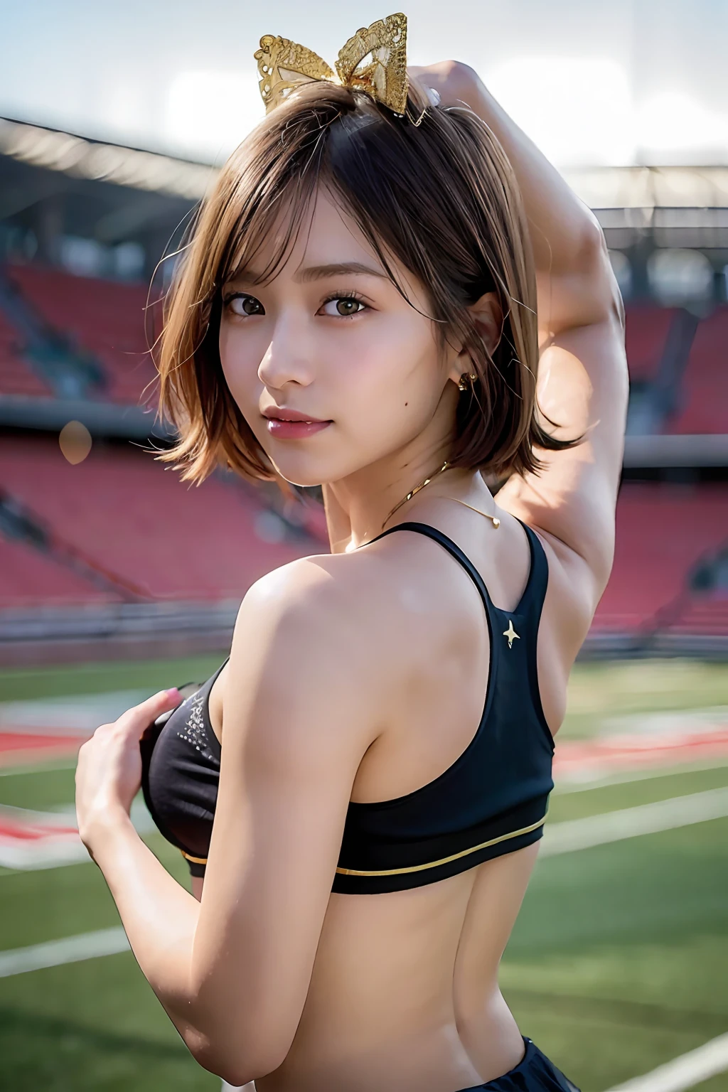 ((Best Quality, 8k, photo realistic:1.4, Masterpiece: 1.2)), back Lighting, highly detailed facial textures women, 18yo, (shiny gold Cheerleader), (Stadium Background: 1.2)), arm up, ultra-detailed shiny skin, beautiful make up, detailed eyes, blush, Grinning ear to ear, shiny black messy short hairstyles, from below, looking back