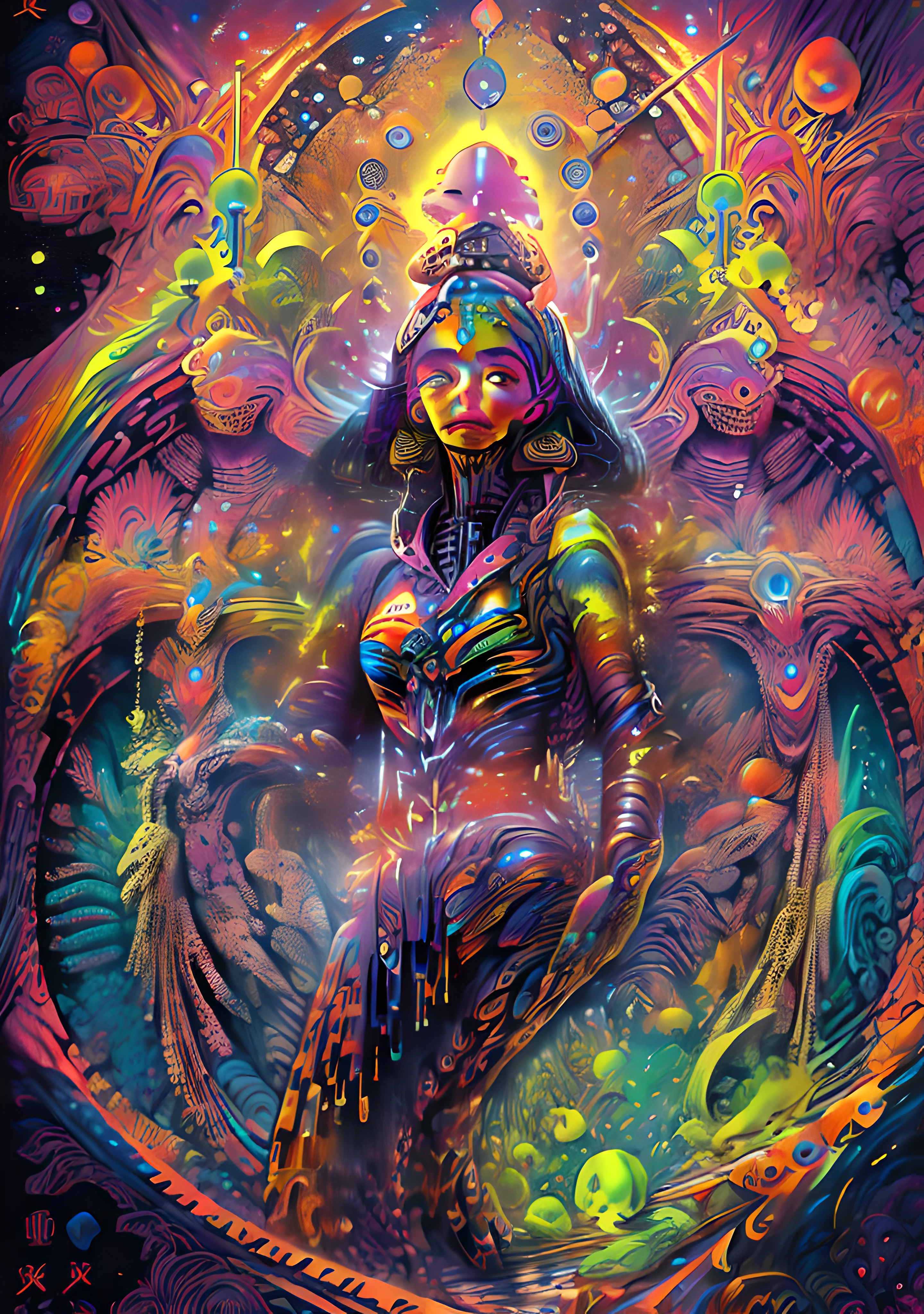 (High resolution, incredibly detailed, masterpiece), airbrush painting of  3 mayan priestesses with a galaxy shaped vortex behind them, whole body posture,performing a ritual,featuring fractal geometry in (vibrant colors:0.7), set against a (galactic background:1.3), bringing together complex and psychedelic mesmerizing shapes and patterns,dmt experience,mushroom trip,soundsystem,speakers,starlight