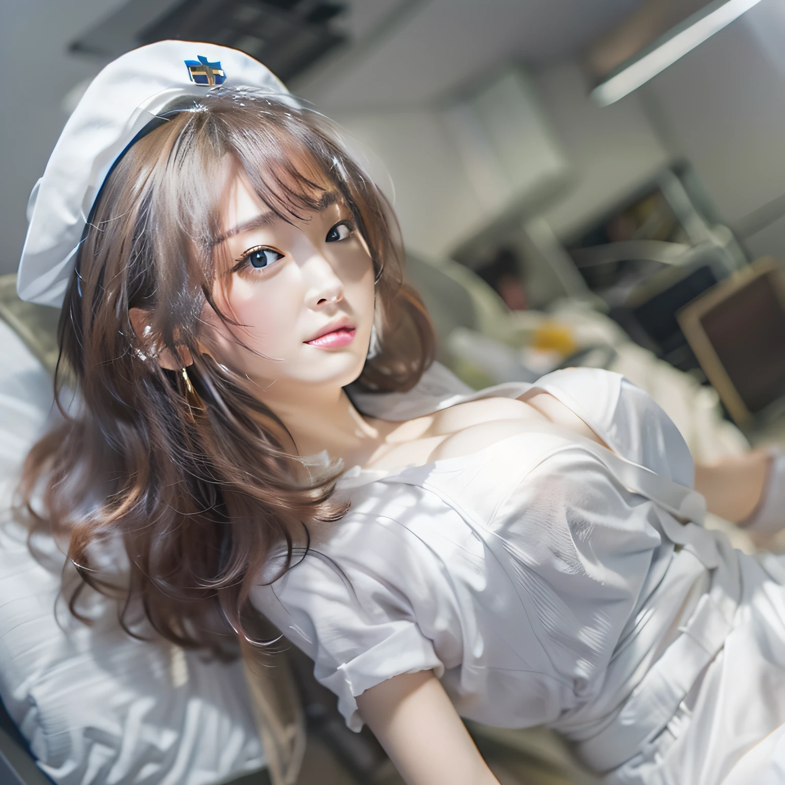 (8K、Raw photography、top-quality、masterpiece:1.2)、(realisitic、Photorealsitic:1.37)、top-quality、超A high resolution、light leaks、Dynamic lighting、Slim and smooth skin、huge-breasted、White nurse uniform、Little White Nurse (caps) 、White shirt、open-shirt、hospitals、Hospital Room、cleavage of the breast、cparted lips、s lips、 depth of fields