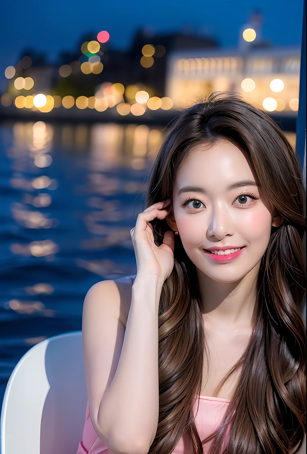 (8k, top quality, masterpiece: 1.2), (realistic, photorealistic: 1.37), super detailed, girl single, cute, solo, midnight, beautiful detailed sky, detailed café, sitting, date, (blush), (smile: 1.15), small breasts (mouth closed), beautiful fine eyes, floating hair NovaFrogStyle, back open dress