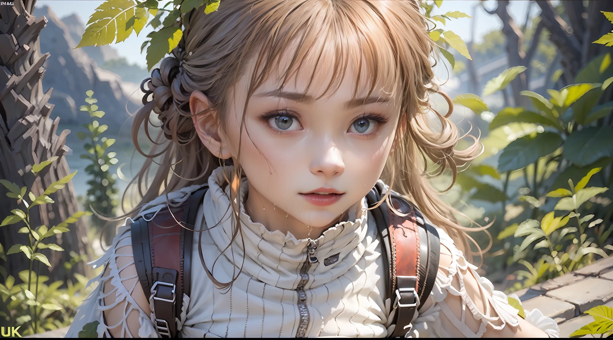 1 girl, White skin of the, Wet shoulder white vest, Broken shorts, Hiking bags, embarrass, dreads, girl is running, A chest that conforms to the laws of physics, The brown bear roared, Tall shrubs, Shaded leaves, light blue hair, single sidelock, cinematic lighting, reflection light, dutch angle, UHD, masterpiece, anatomically correct, textured skin, super detail, high details, high quality, best quality, highres, 8k, 16k