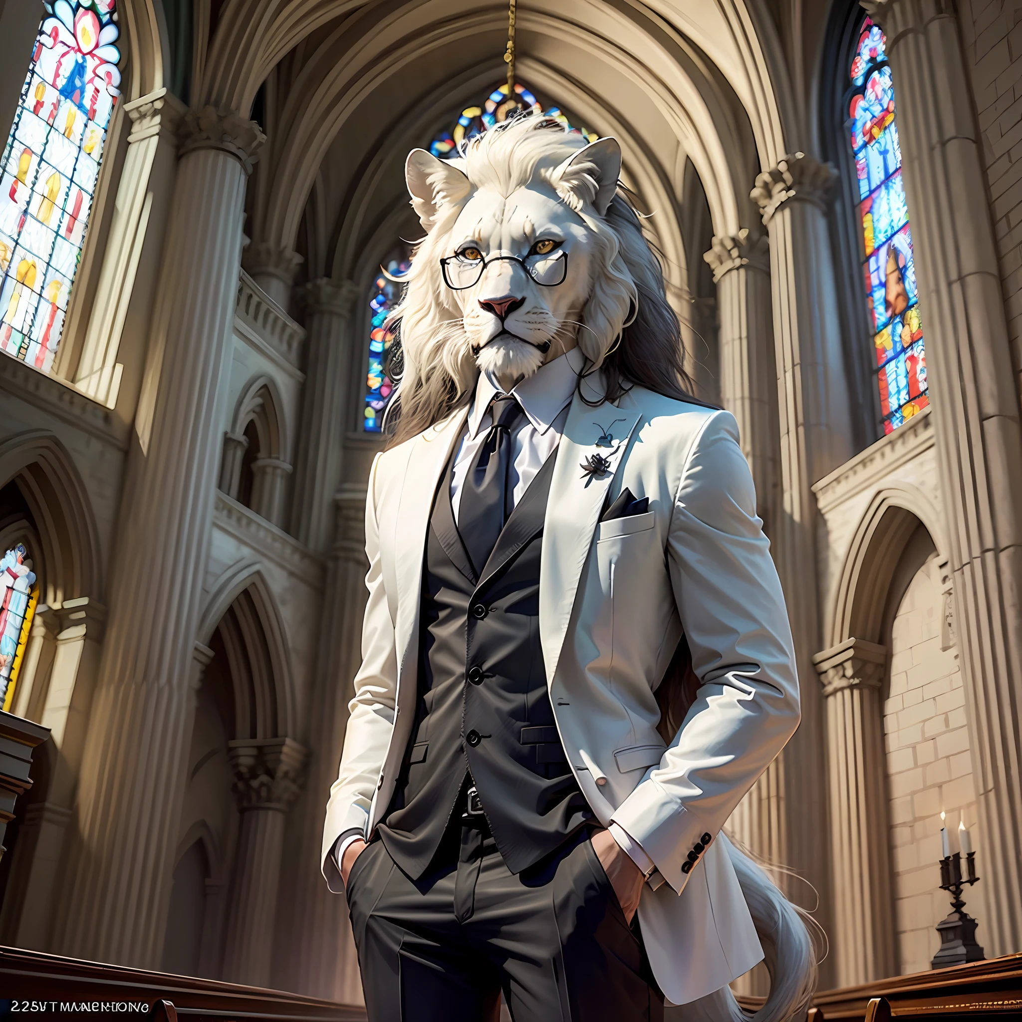 A white lion mafia wearing glasses and a suit in a Gothic church,32k --auto --s2
