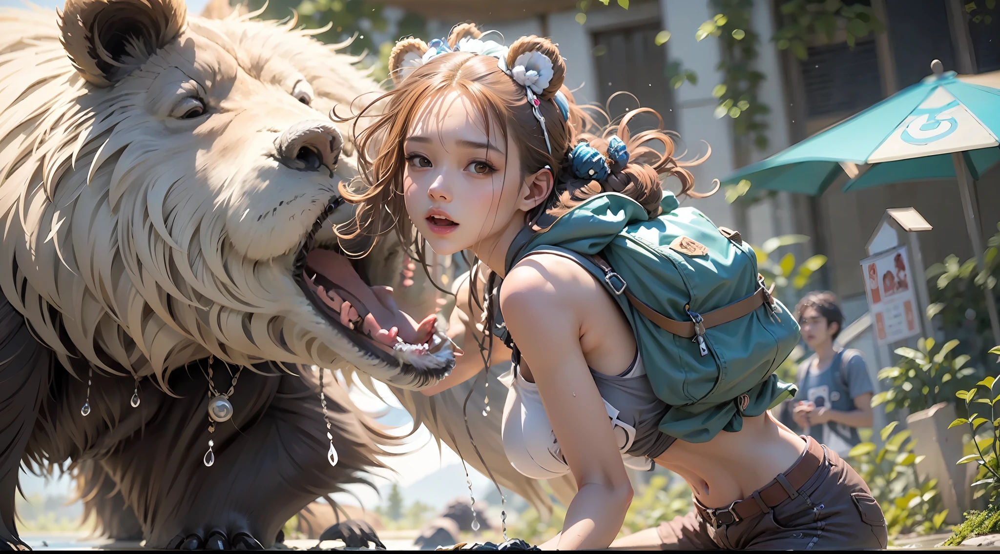 1 girl, White skin of the, Wet shoulder white vest, Broken shorts, Hiking bags, embarrass, dreads, girl is running, A chest that conforms to the laws of physics, The brown bear roared, Tall shrubs, Shaded leaves, light blue hair, single sidelock, cinematic lighting, reflection light, dutch angle, UHD, masterpiece, anatomically correct, textured skin, super detail, high details, high quality, best quality, highres, 8k, 16k