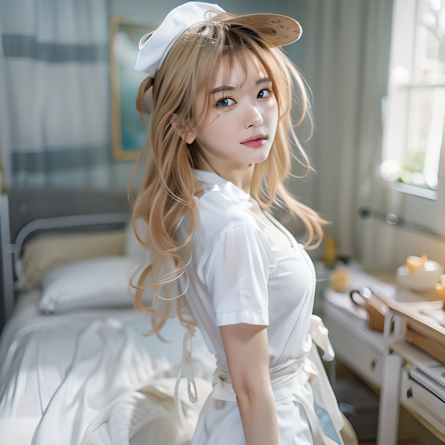 (8K、Raw photography、top-quality、masterpiece:1.2)、(realisitic、Photorealsitic:1.37)、top-quality、超A high resolution、light leaks、Dynamic lighting、Slim and smooth skin、breastsout、White nurse uniform、Little White Nurse (caps) 、White shirt、open-shirt、hospitals、Hospital Room、cleavage of the breast、cparted lips、s lips、 depth of fields