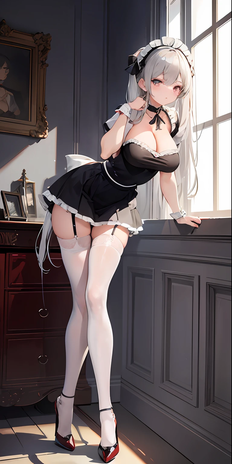 (masterpiece), best quality, perfect face, 1girl, mature woman, leaning forward, long grey hair, large breasts, hanging breasts, cleavage, narrow waist, ta, ultra short skirt, choker, maid, full body, red high heels, garters, lace stockings,long and slender legs, beautiful legs,