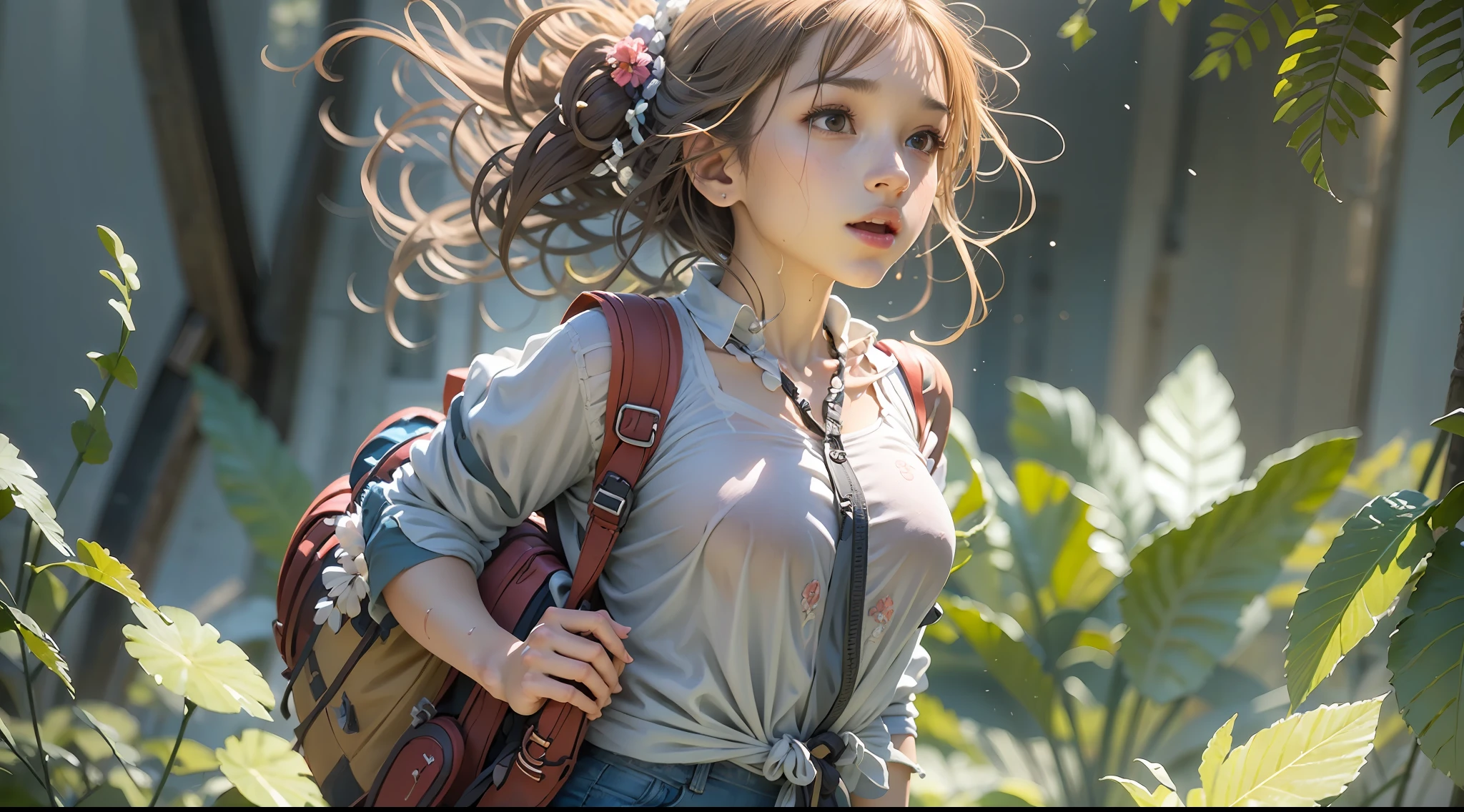 1 girl,solo, White skin, Wet shoulder white vest, Broken shorts, Hiking bags, embarrass, dreads, girl is running, A chest that conforms to the laws of physics, The brown bear roared, Tall shrubs, Shaded leaves, light blue hair, single sidelock, cinematic lighting, reflection light, dutch angle, UHD, masterpiece, anatomically correct, textured skin, super detail, high details, high quality, best quality, highres, 8k, 16k