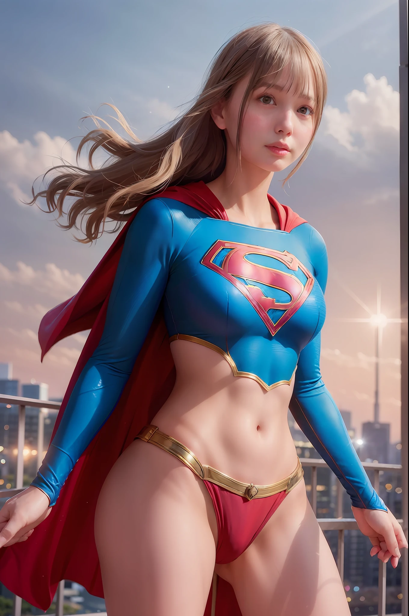 woman posing for a photo,(wearing supergirl_cosplay_outfit:1.3),crop_top,
good hand,4k, high-res, masterpiece, best quality, head:1.3,((Hasselblad photography)), finely detailed skin, sharp focus, (cinematic lighting), collarbone, night, soft lighting, dynamic angle, [:(detailed face:1.2):0.2],(((5 stars hotel))), outside,
