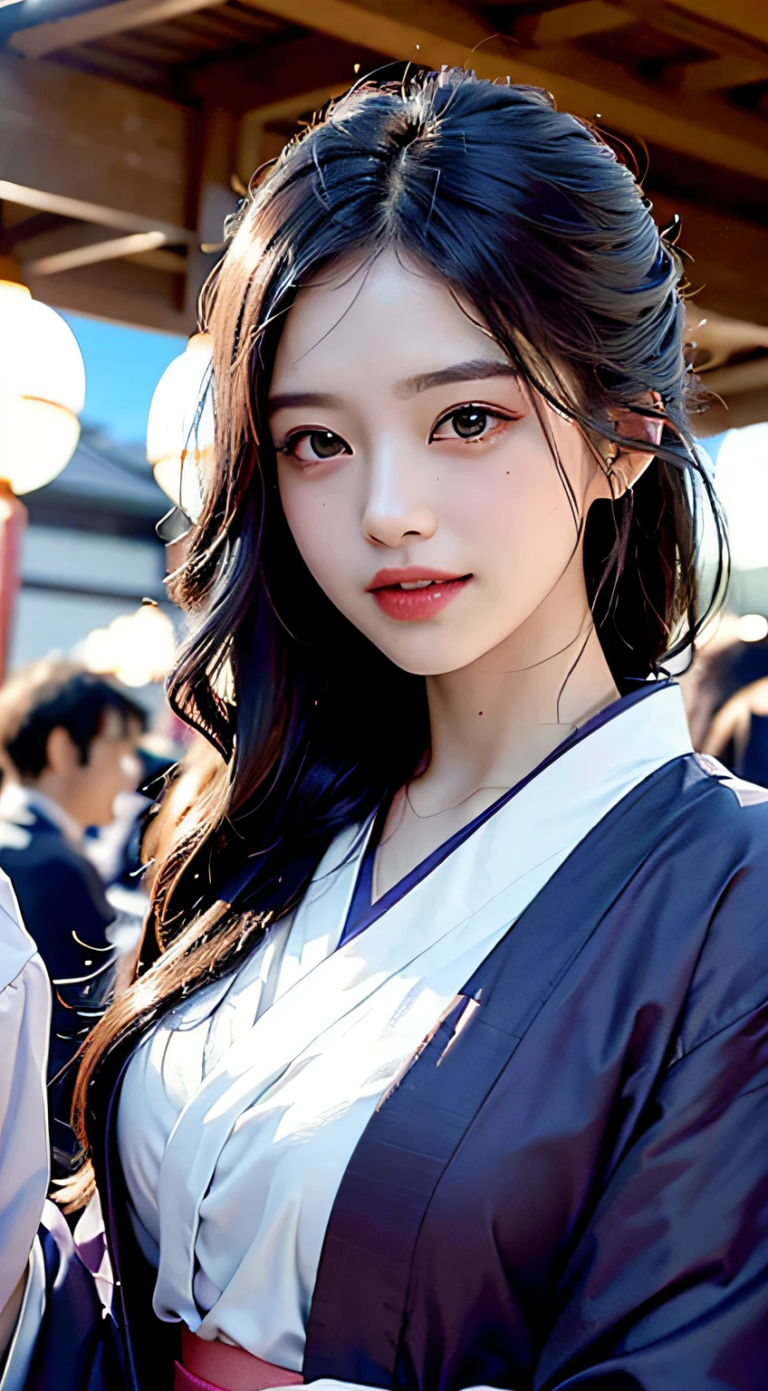 best qualtiy、masterpiece、photoRealstic、intricate-detail、Raw foto、Photon Rendering、Octane Rendering、absurderes、ultra-detailliert、A detailed face、Detailed skin、Trending in art stations、8K Masterpiece、lighting like a movie、( (1girl in))、((独奏) ))、CG Social Trends、Plastic En、((Black Long Hair))、((Beautuful Women))、(A smile)、Upper teeth、Fashionable、Hair that flutters in the wind、((Flowing hair))、fashion magazine、((A sexy))、((lighting like a movie)、((indirect lighting)、、(ssex)、Grinning、(View from a distance)、((Festival of Japan))、Dark purple kimono、Hair is up、