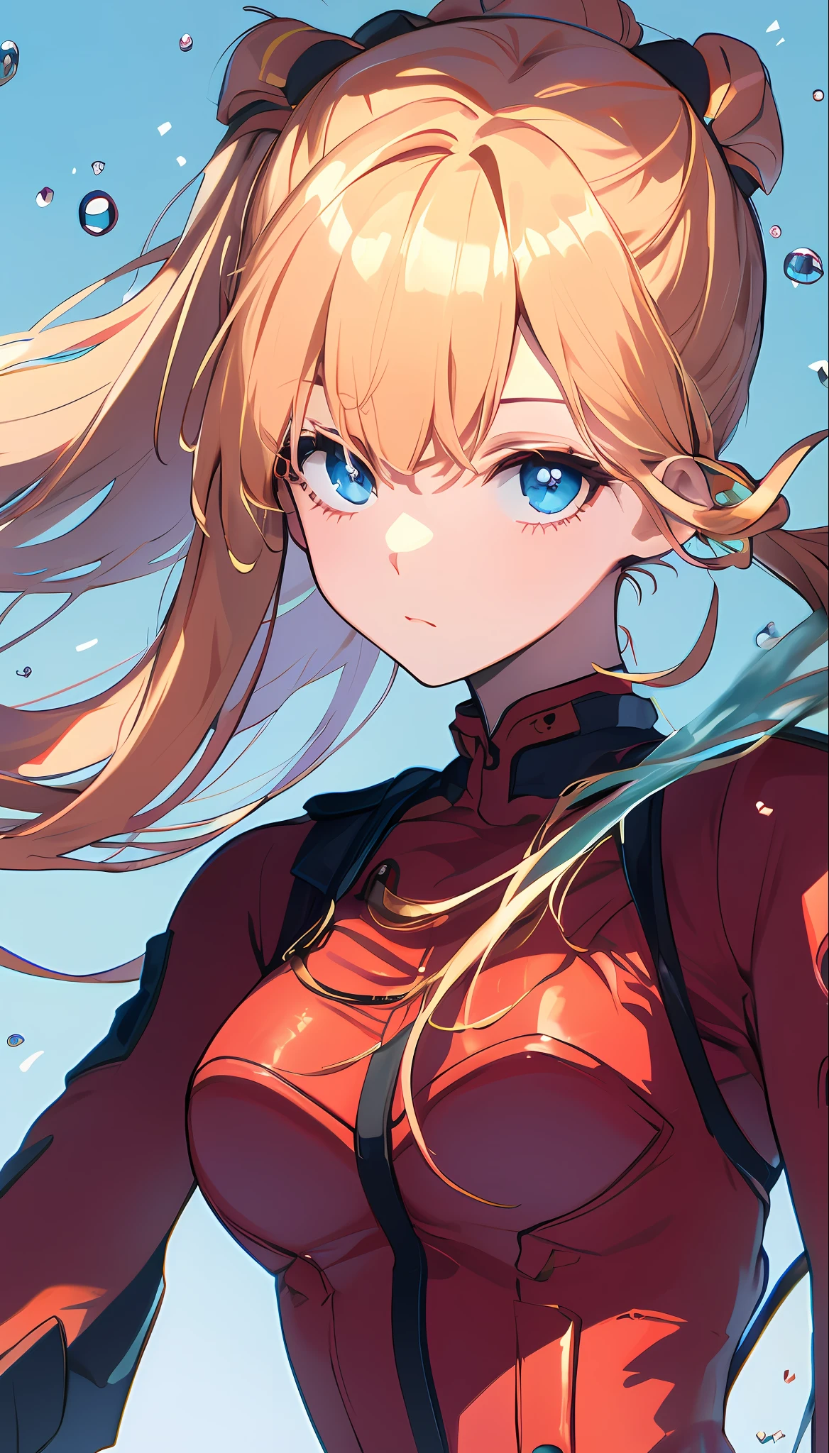 (masterpiece), (best quality), (ultra detailed),(disheveled hair),(illustration), (1girl), (Fashionable clothing), standing, Fashion model, looking at viewer, (interview), (simple background),beautiful detailed eyes, delicate beautiful face, Floating,(high saturation),(colorful splashes),colorful bubble,(shining), focus on face,  ponytail, kamisato ayaka, light blue hair, bangs, hair ring, floating flowers, floating hairs, (shining), best lighting, best shadow,