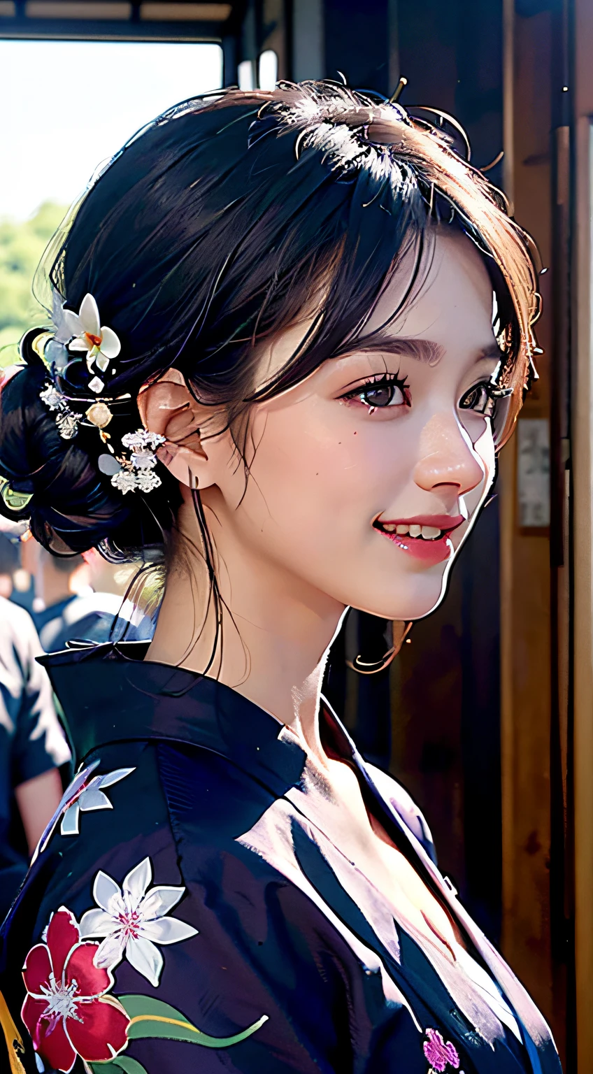 best qualtiy、​masterpiece、photoRealstic、intricate-detail、Raw foto、Photon Rendering、Octane Rendering、absurderes、ultra-detailliert、A detailed face、Detailed skin、Trending in art stations、8K Masterpiece、lighting like a movie、( (1girl in))、((独奏) ))、CG Social Trends、Plastic En、((Black Long Hair))、((Beautuful Women))、(A smile)、Upper teeth、Fashionable、Hair that flutters in the wind、((Flowing hair))、fashion magazine、((A sexy))、((lighting like a movie)、((indirect lighting)、、(ssex)、Grinning、(View from a distance)、((Festival of Japan))、Dark purple kimono、Hair is up、
