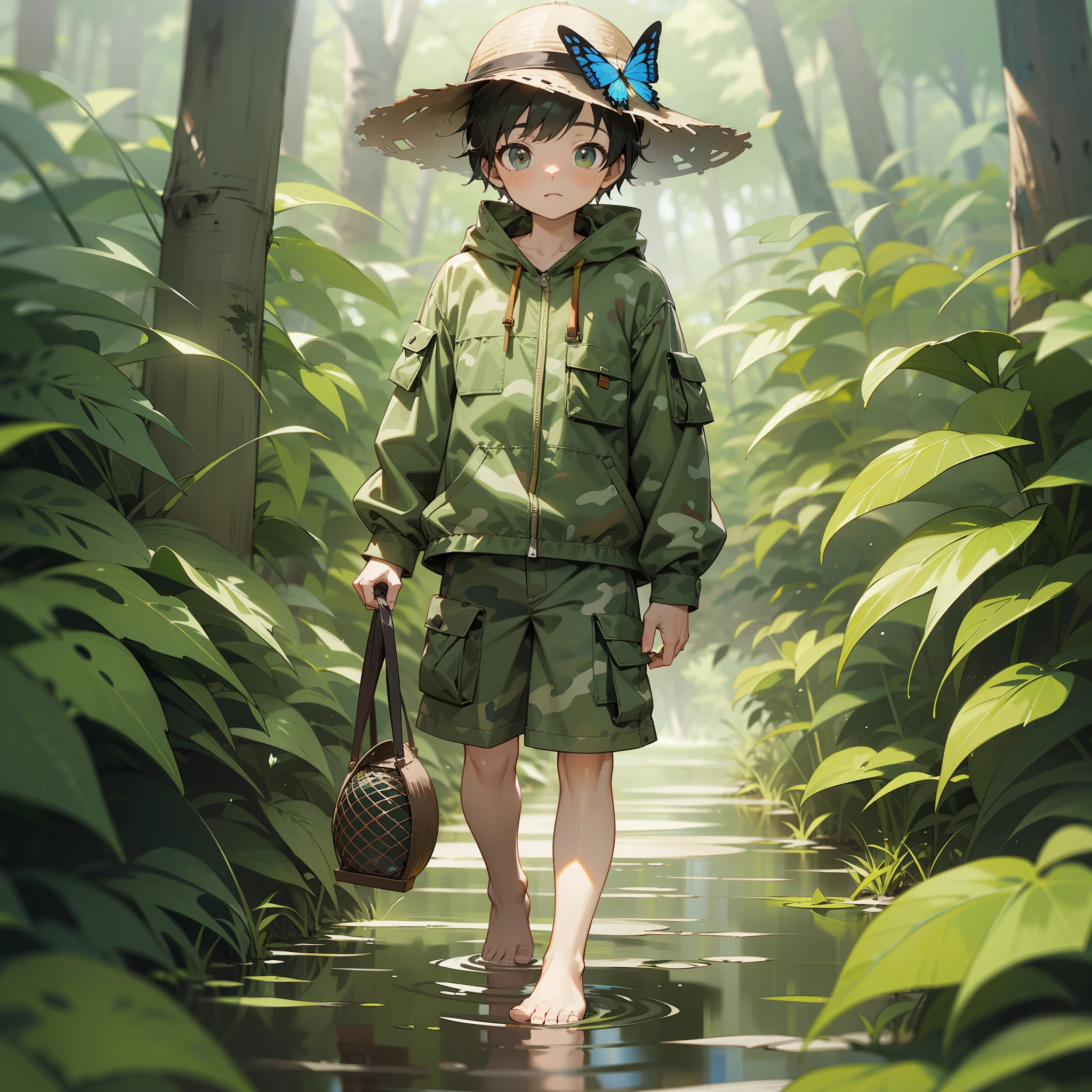 A young boy wearing camouflage suit shorts,Wear a hat for a walk in the forest ,There is a path in the middle,The holds a butterfly net in his hand,Raise one foot to the camera,Barefoot sticky with mud,Top angle of view,masterpiece,