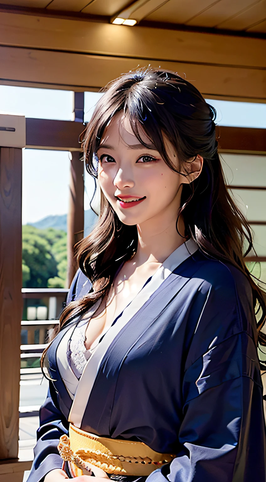 best qualtiy、​masterpiece、photoRealstic、intricate-detail、Raw foto、Photon Rendering、Octane Rendering、absurderes、ultra-detailliert、A detailed face、Detailed skin、Trending in art stations、8K Masterpiece、lighting like a movie、( (1girl in))、((独奏) ))、CG Social Trends、Plastic En、((Black Long Hair))、((Beautuful Women))、(A smile)、Upper teeth、Fashionable、Hair that flutters in the wind、((Flowing hair))、fashion magazine、((A sexy))、((lighting like a movie)、((indirect lighting)、、(ssex)、Grinning、(View from a distance)、((Festival of Japan))、Dark purple kimono、Hair is up、