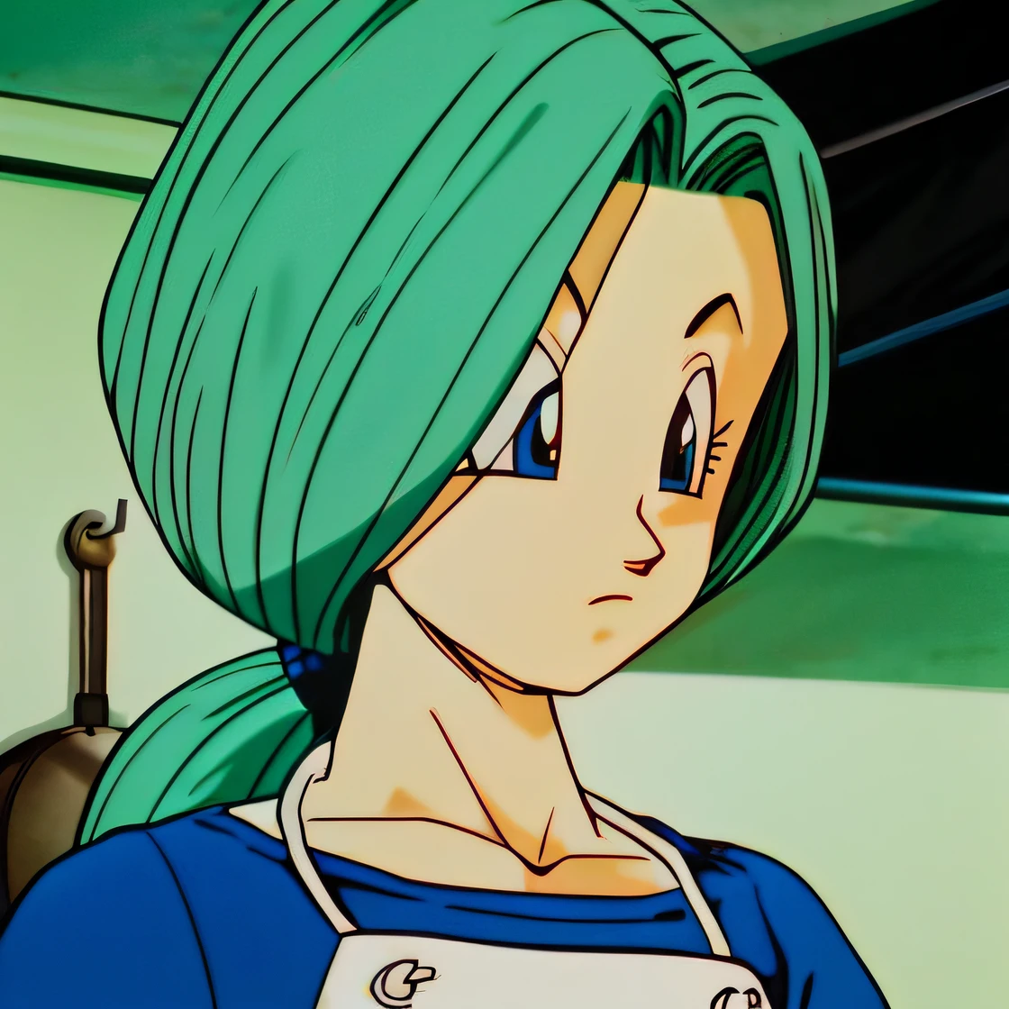 um close up de um personagem de desenho animado com um cabelo verde, ****** saiyajin, Bulma de Dragon Ball, she has a distant expression, & her expression is solemn, Android 18, Fubuki, mas um olhar severo sobre ela, ela tem um rosto expressivo bonito, Personagem Dragonball, ****** anime com cabelo martelo, Directed by: Akira Toriyama, Goku Feminino